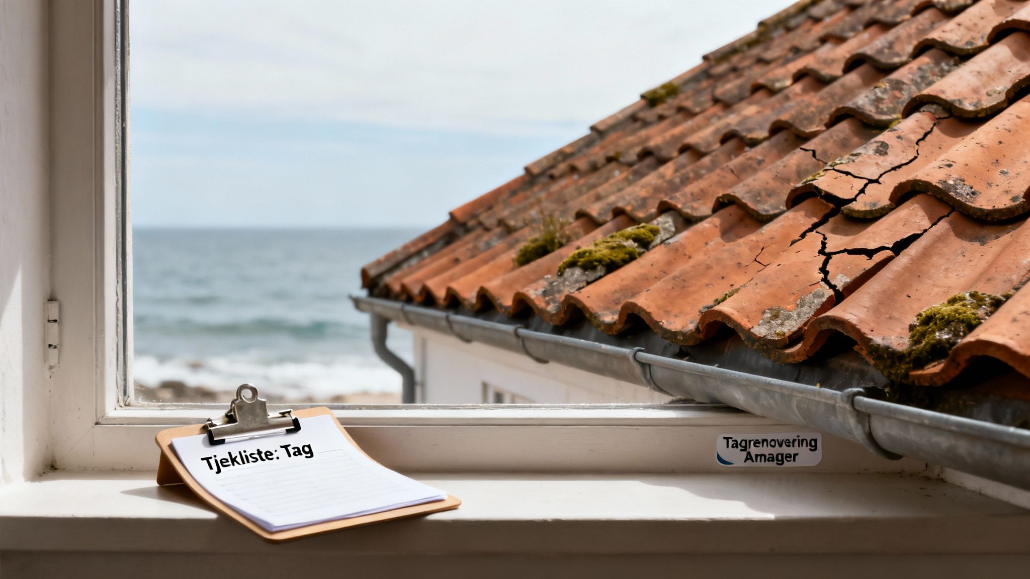 Udsigt fra vindue over et tag med ødelagte teglsten og hav. En tagtjekliste ligger på vindueskarmen.