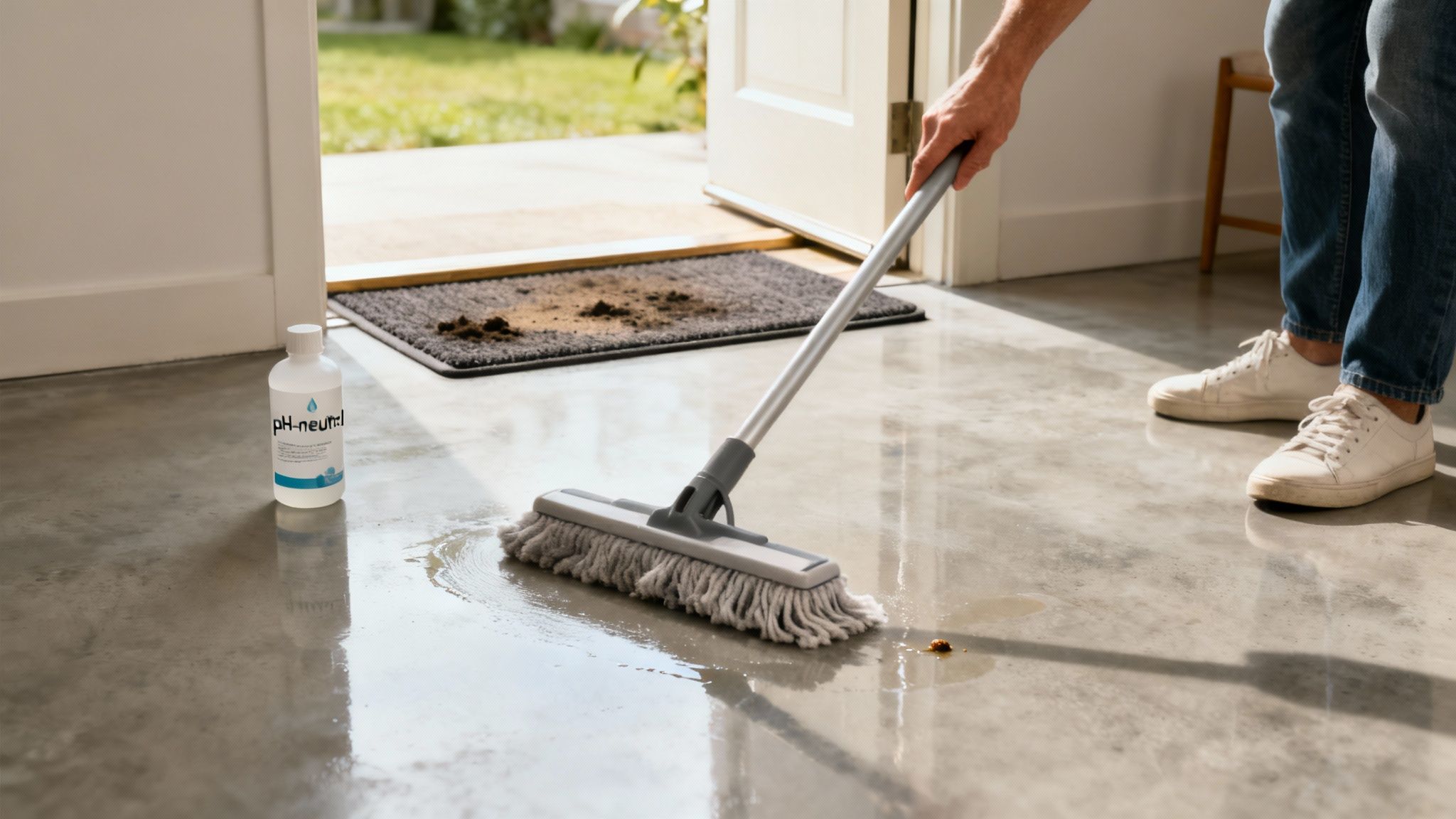 Person vasker betongulv med moppe og pH-neutral rengøringsmiddel ved indgangsdør med gulvmåtte