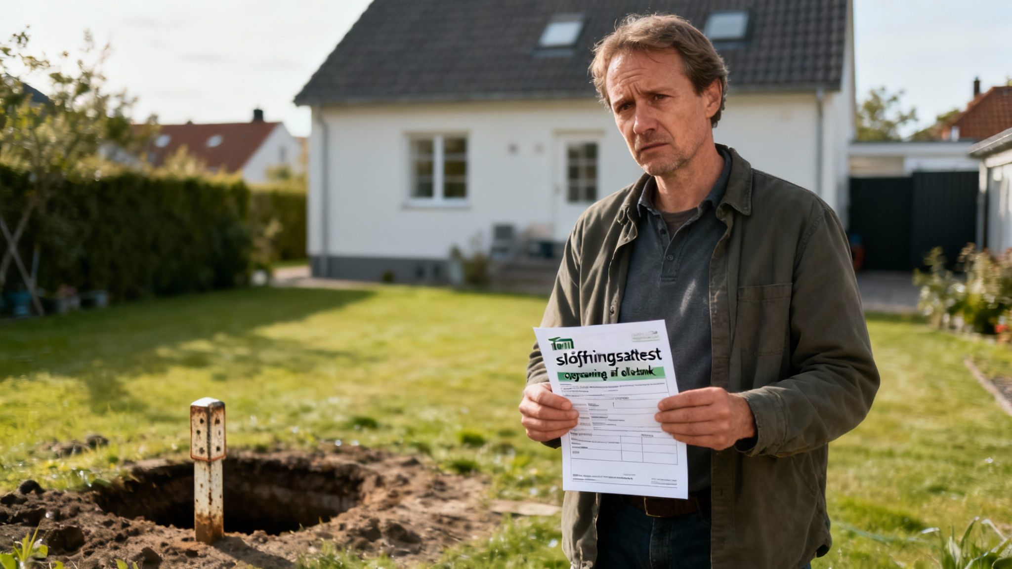 Mand holder sløjfningsattest for olietank i baghave med opgravning og hus i baggrunden