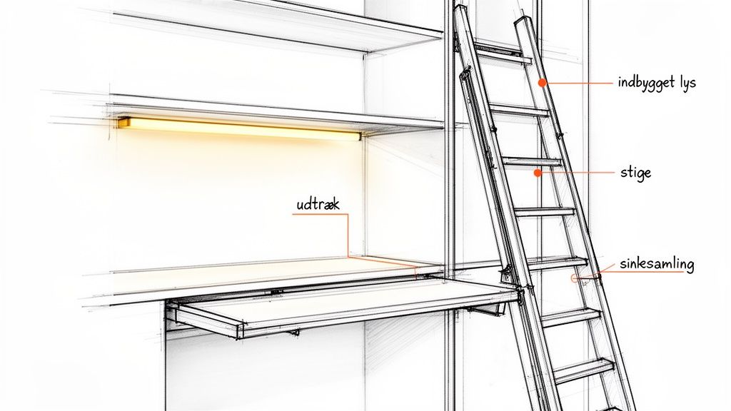 Skitse af en gulv-til-loft reol med integreret lys, udtræksbord og stige med snedkerdetaljer.