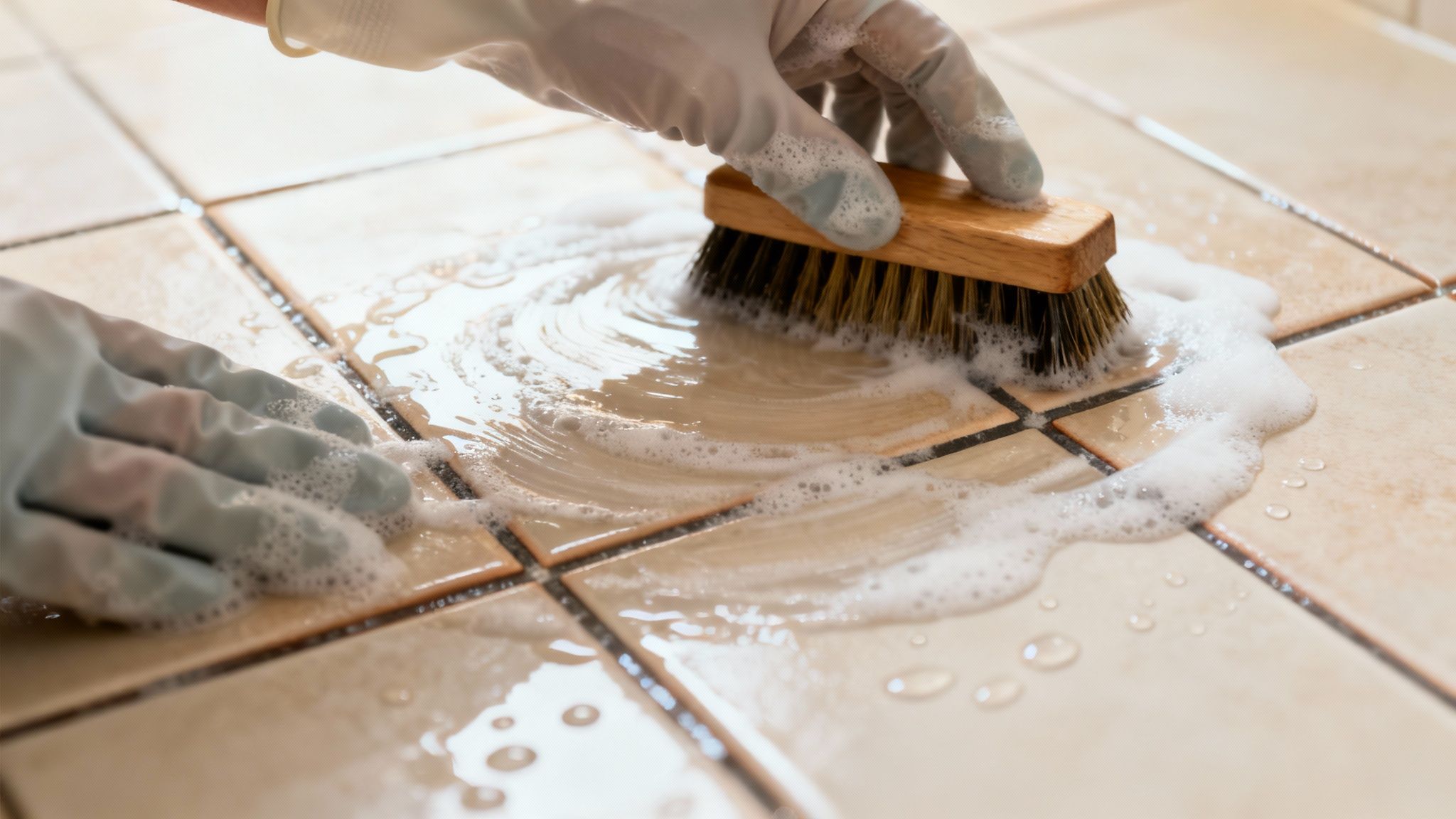 En person i hvide handsker skrubber lyse fliser grundigt med en børste og sæbevand.