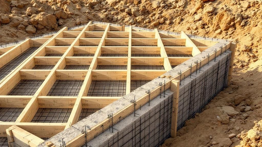 En tæt opbygget træforskalling klar til støbning af fundament