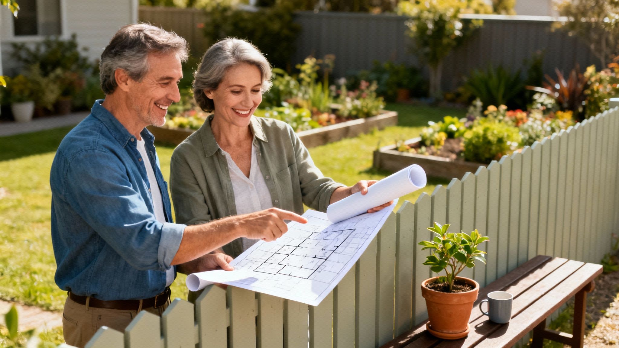 Et smilende ældre par diskuterer byggeplaner i deres solrige have.