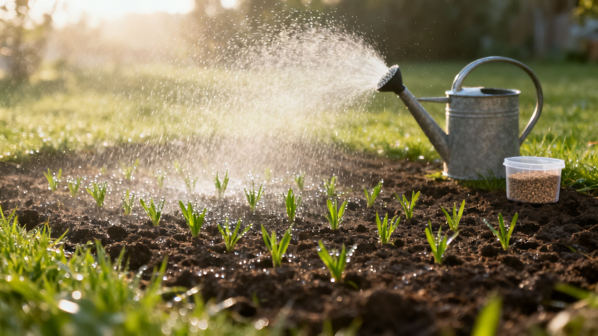 En zinkvandkande vander små, grønne spirer i rig jord ved solnedgang, med en frøbeholder.