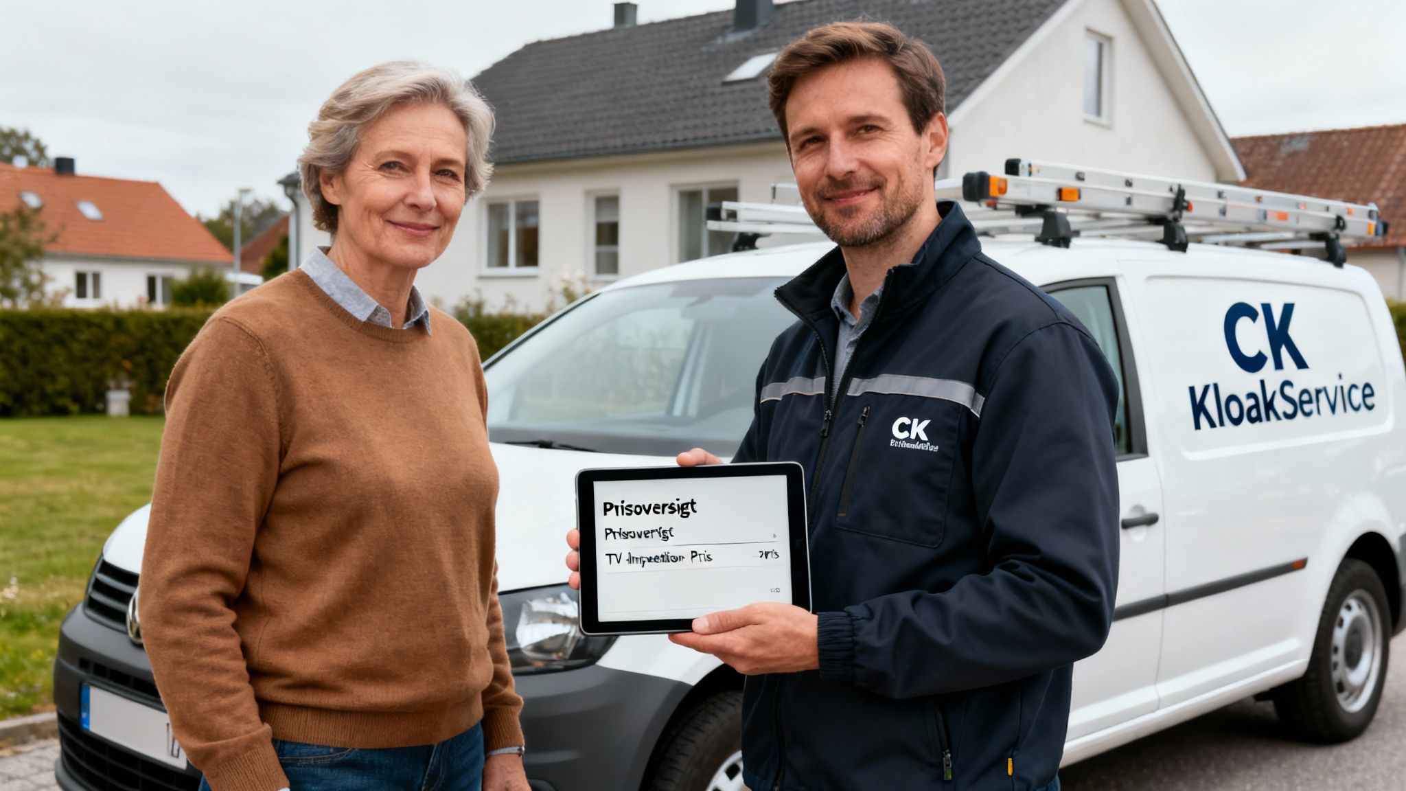 Mand fra CK KloakService viser kunde tablet med pris for TV-inspektion.