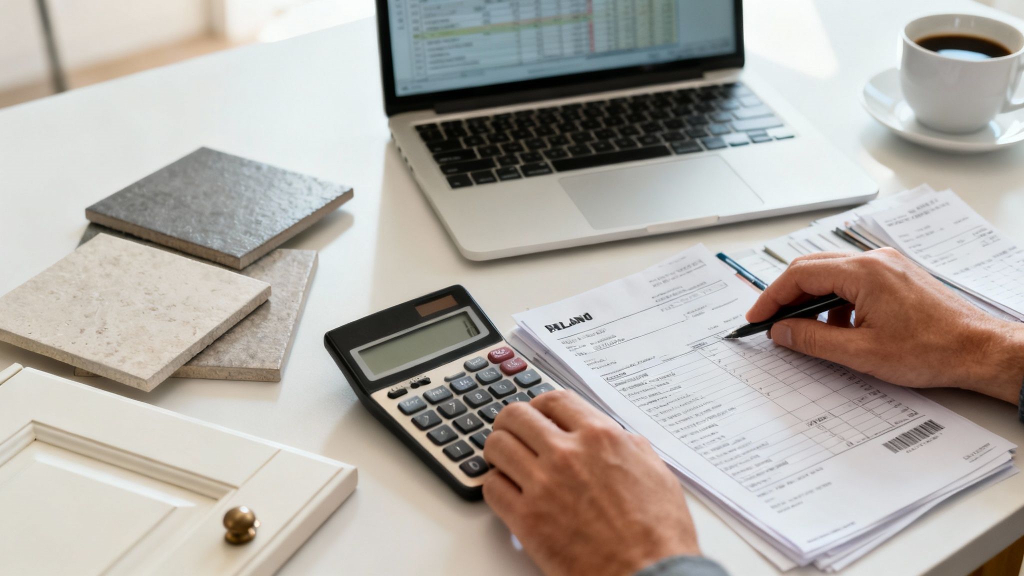 Mand der beregner renoveringsudgifter på et skrivebord med fliser og bærbar computer.