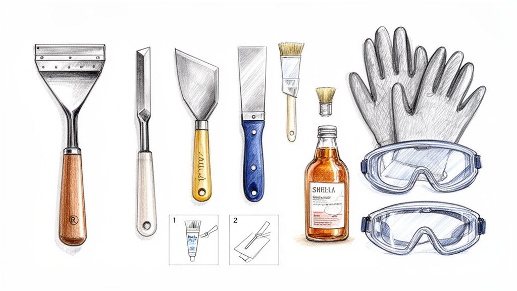 En række værktøjer til renovering af vinduer, herunder skrabere, pensler, shellak, handsker og sikkerhedsbriller.