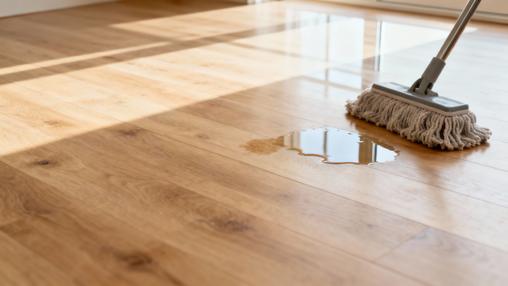 Person der vasker et trægulv med en moppe.
