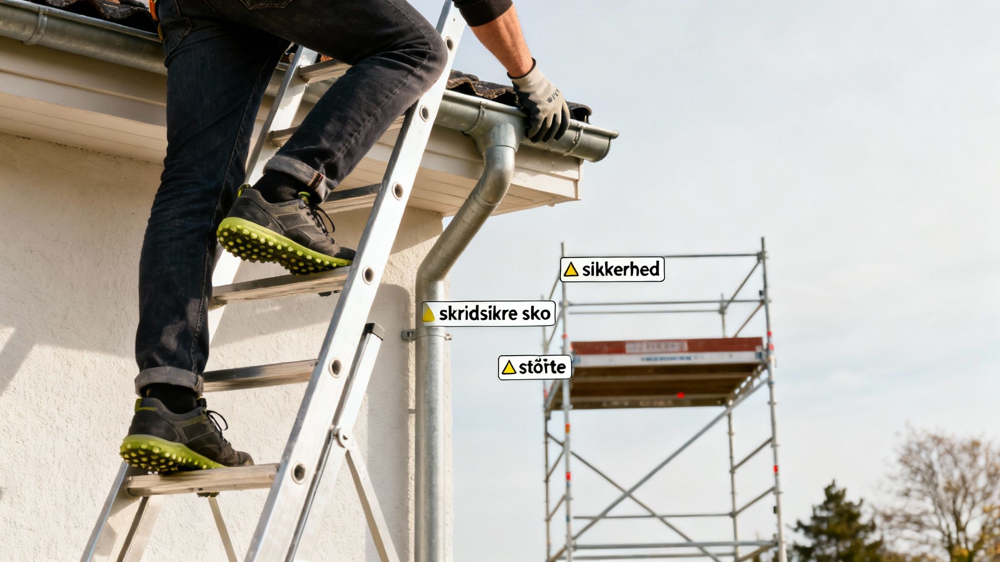 En person klatrer op ad en stige mod en tagrende, iført skridsikre sko for sikkerhed under arbejdet.