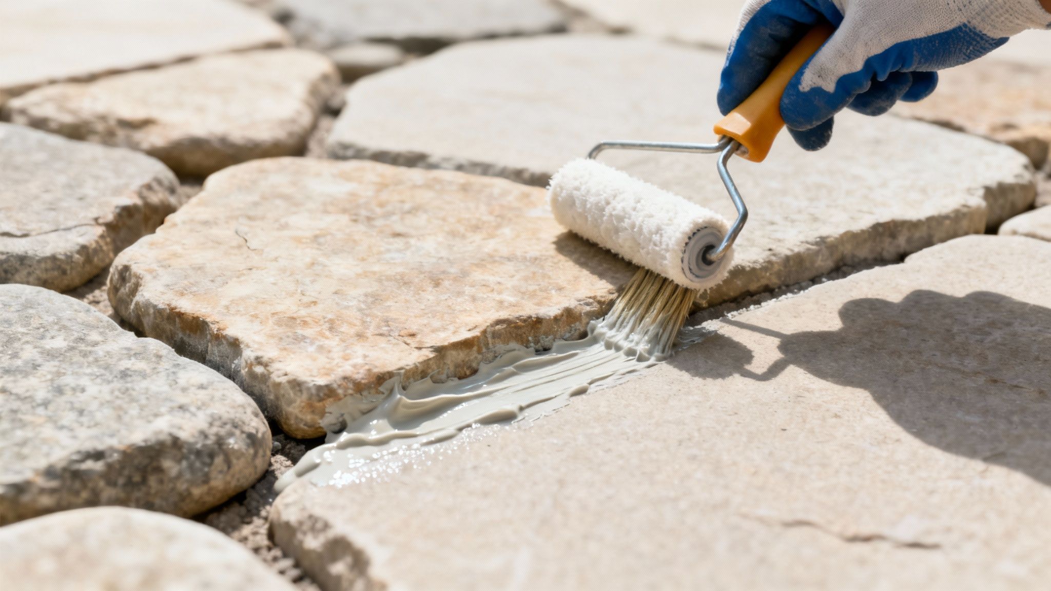 En nærbillede af en person, der omhyggeligt fuger mellem store, grå naturstensfliser med specialværktøj.