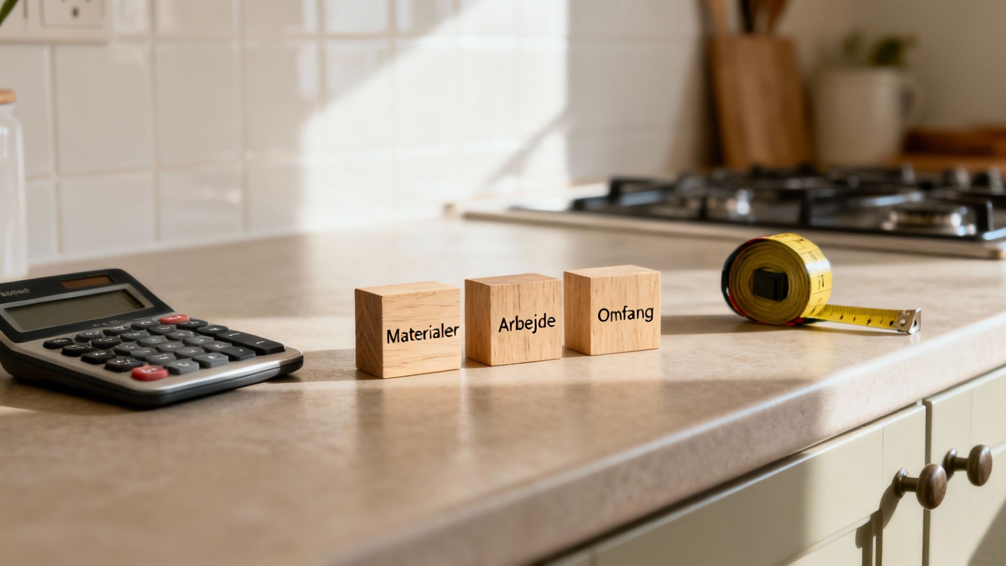 Et lyst og indbydende køkken under renovering med fokus på materialer og håndværk.