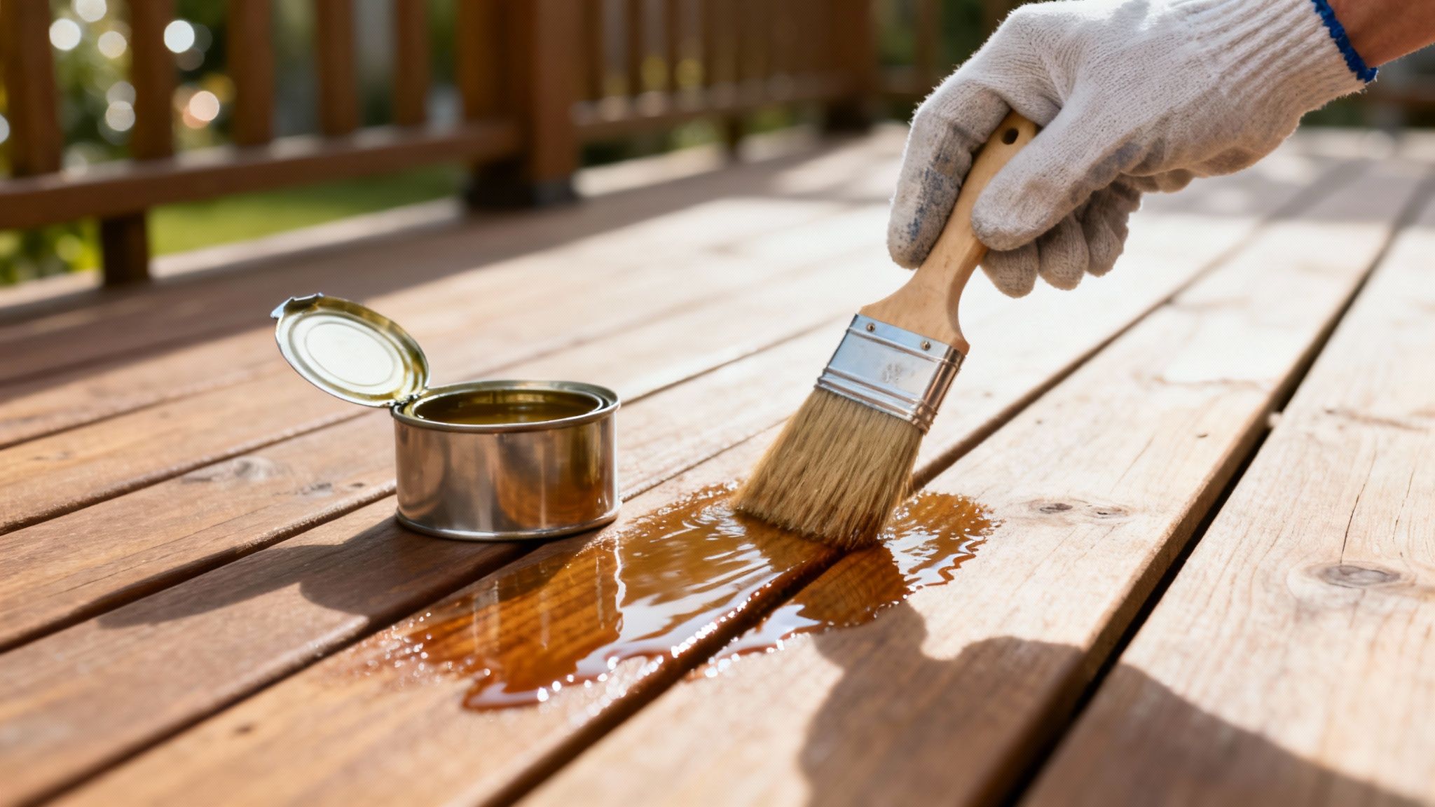 En person påfører træbeskyttelse på en træterrasse med en pensel fra en åben dåse, i solskin.