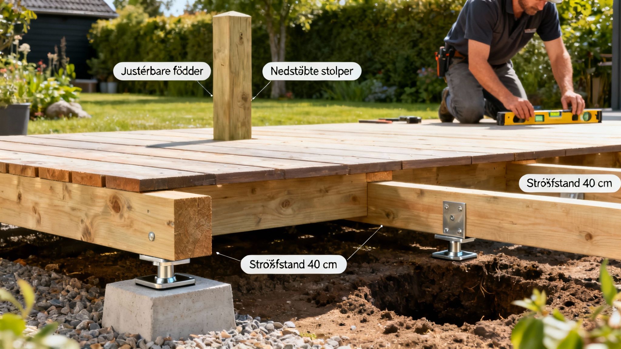 Detaljeret billede af en træterrasse under opbygning med justerbare fødder, nedstøbte stolper og strøfstand på 40 cm.