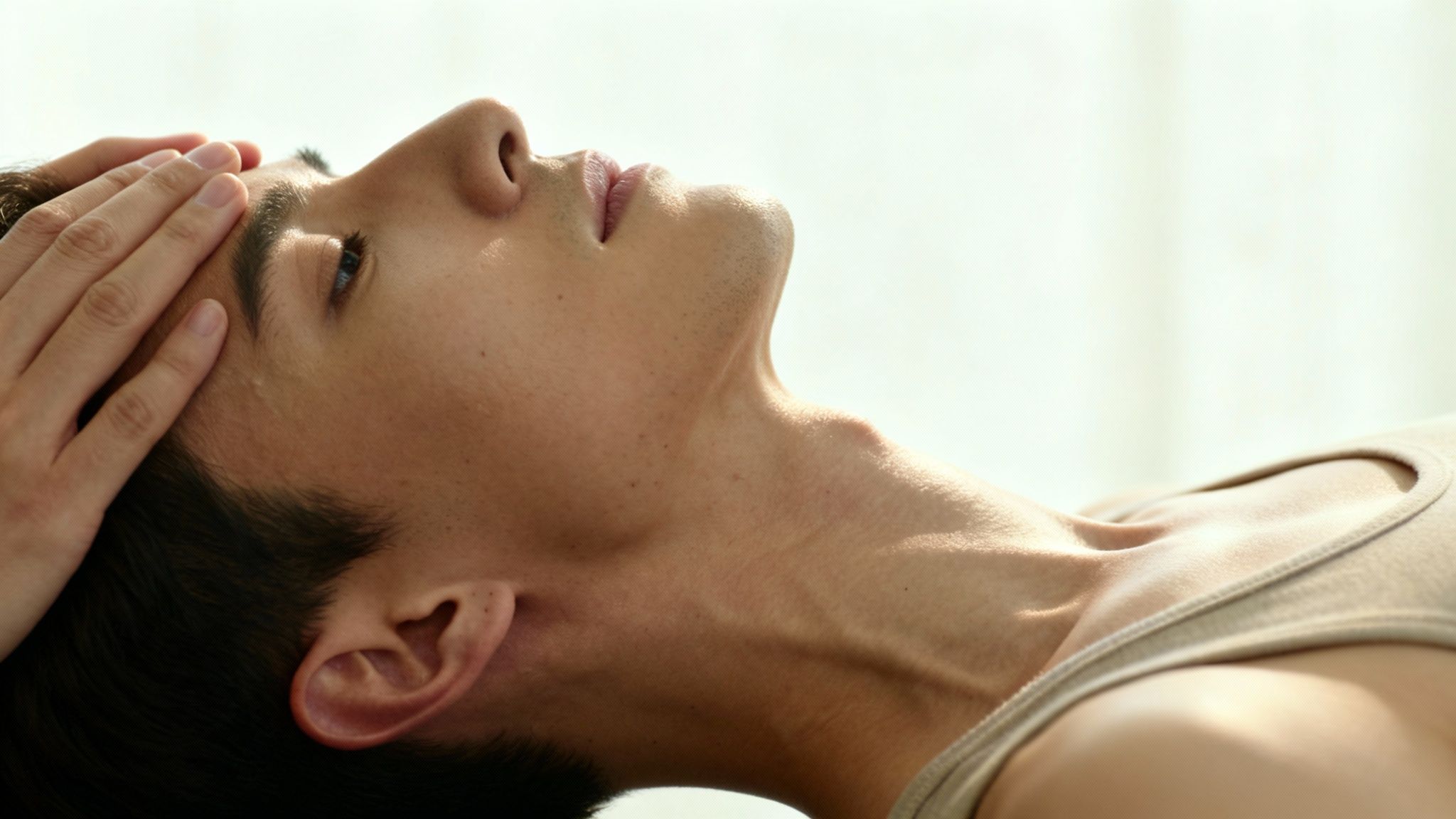 En mand ligger afslappet med en hånd på panden, måske under massage eller terapi.