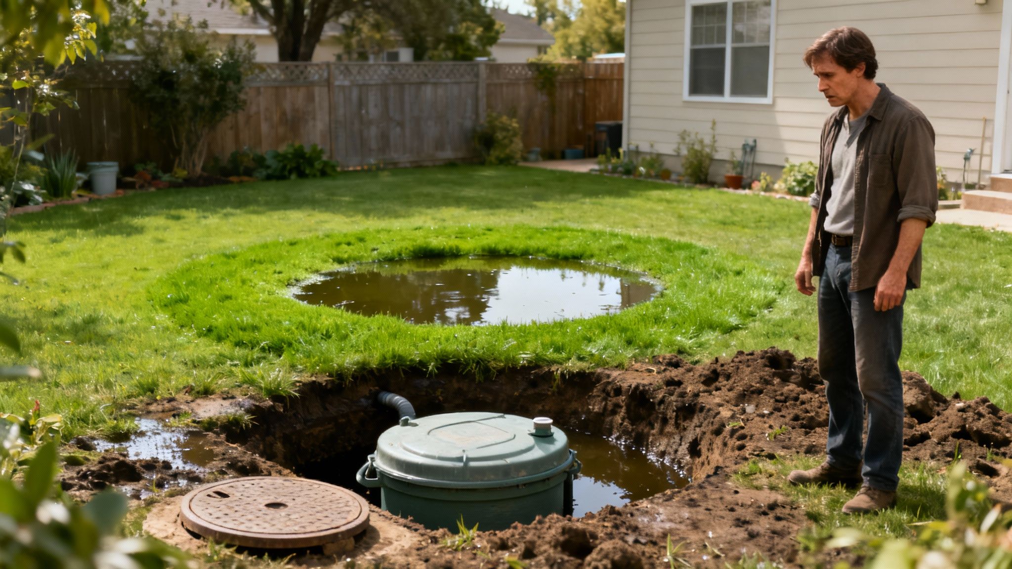Mand inspicerer septiktank i baggård med åben brønd og opgravet græsplæne klar til tømning