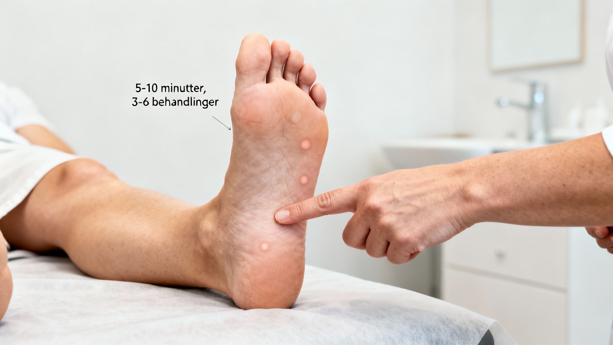 En læge undersøger en fod med pletter på sålen. Tekst indikerer behandlingstid: 5-10 minutter, 3-6 behandlinger.