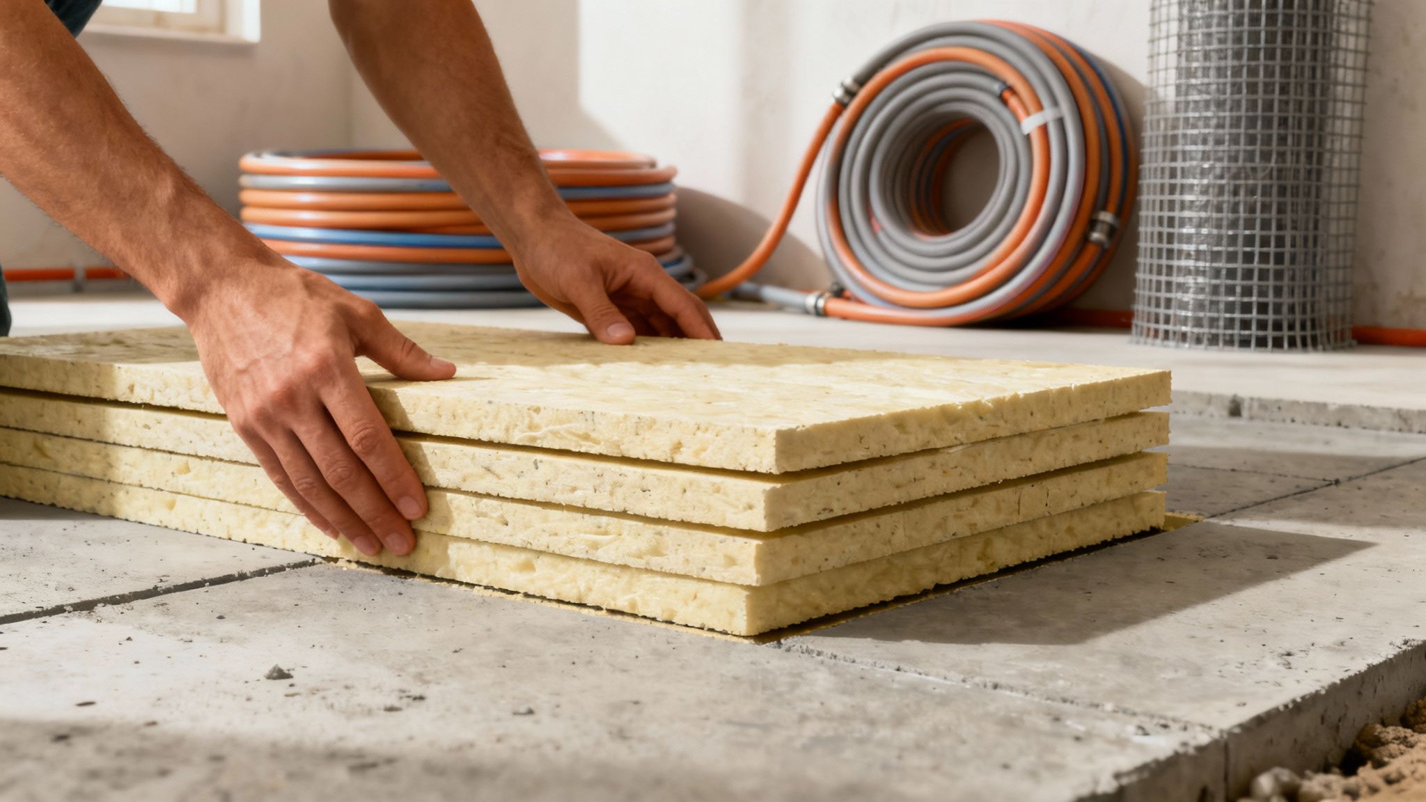 En håndværker lægger isoleringsplader på et gulv, et vigtigt skridt i byggeprocessen for gulvvarme.