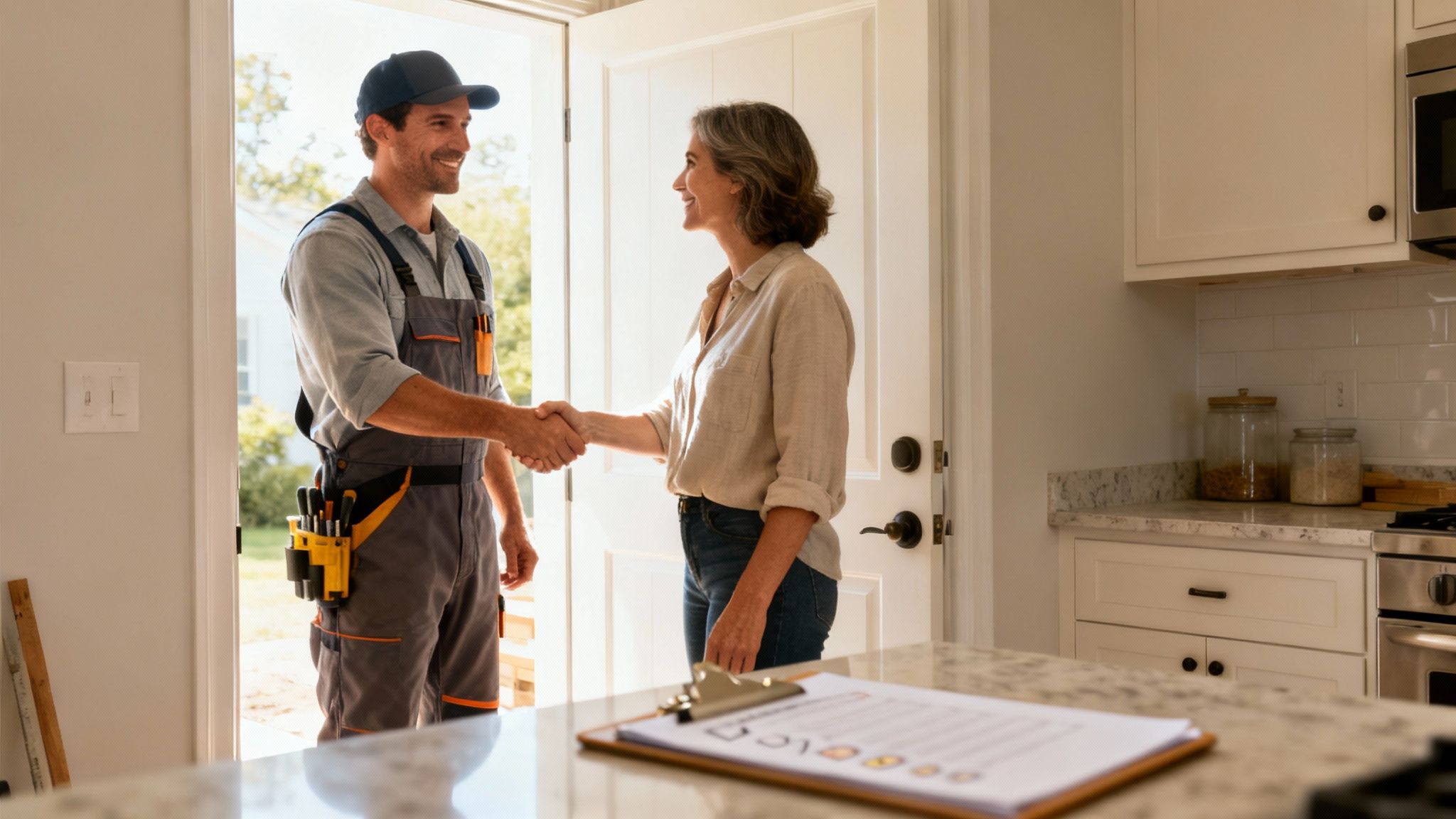 Glad tekniker hilser på kvinde i husindgang. De drøfter potentielt nyt køkkenprojekt.