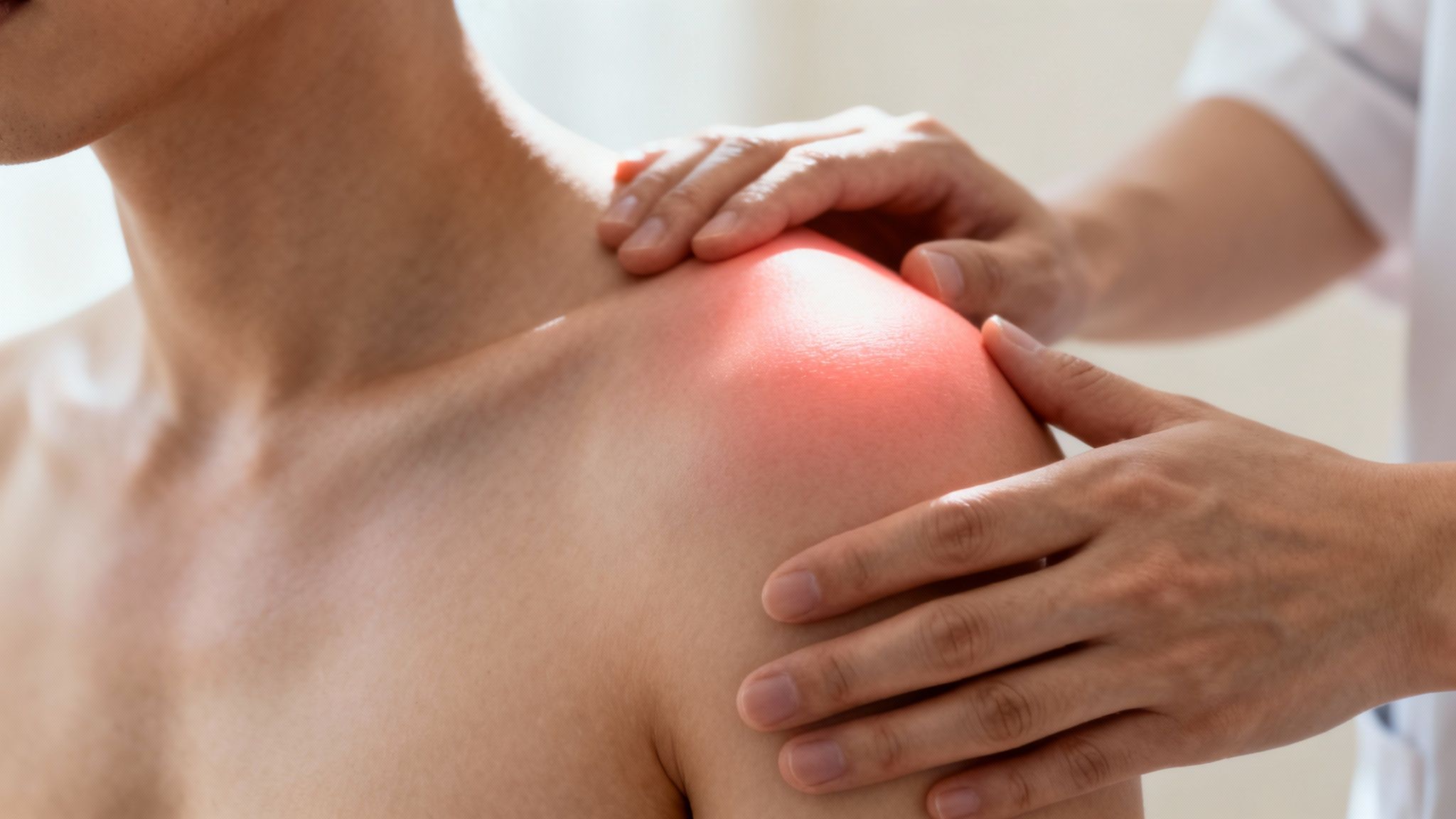 Nærbillede af en mands skulder med rødme, der indikerer betændelse, mens en terapeut undersøger den.