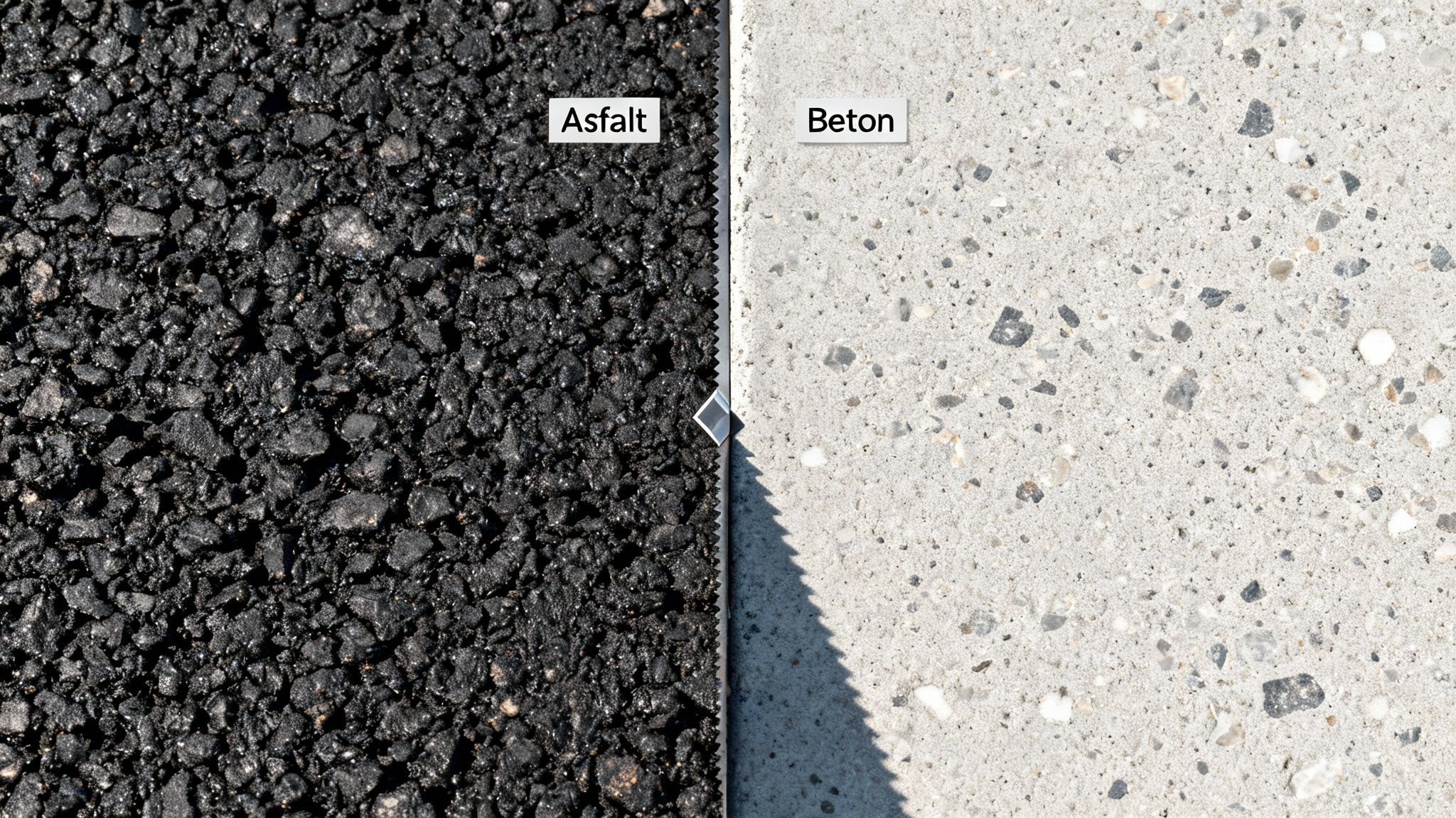 Detaljeret sammenligning af ru, sort asfalt og lys, kornet betonoverflade med tekstetiketter.