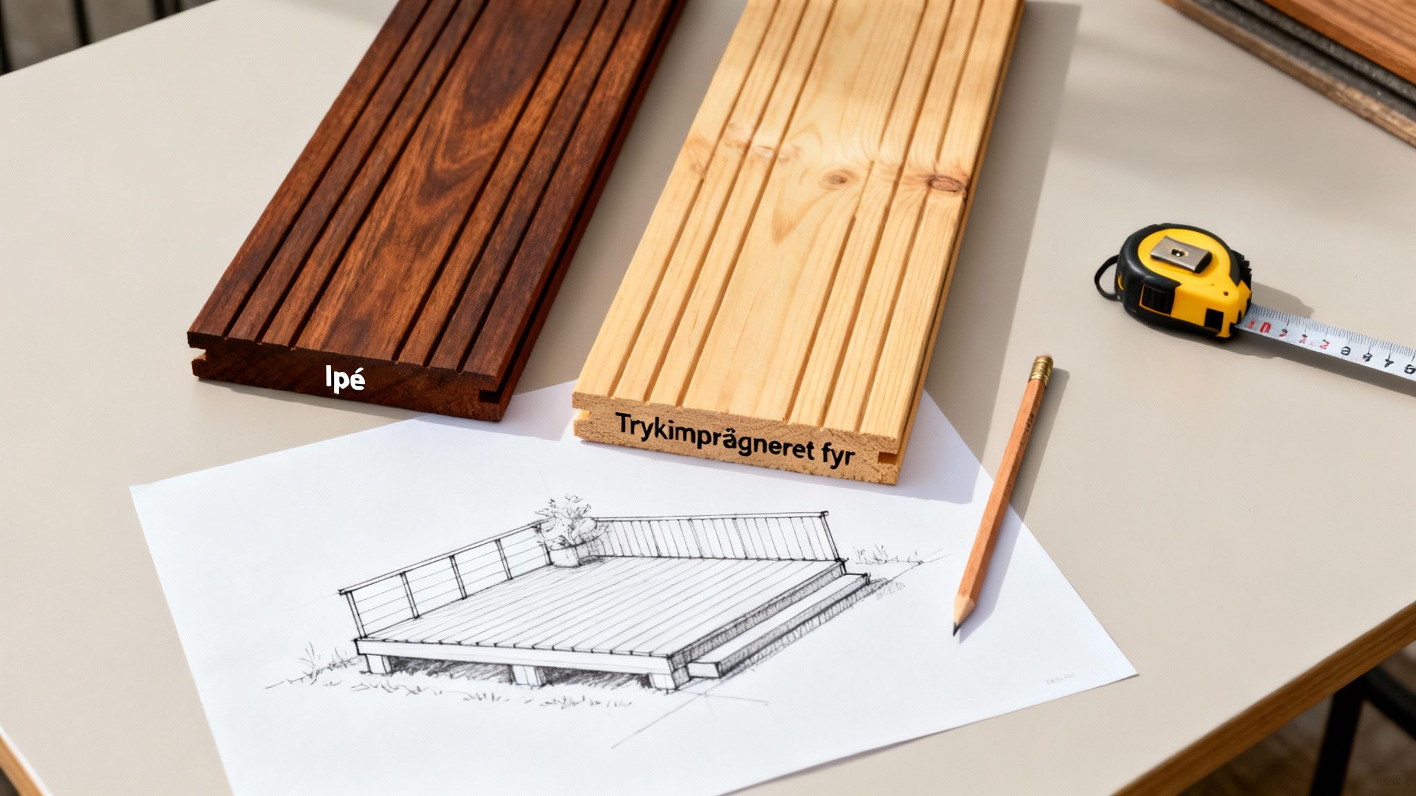 To forskellige træterrasser – Ipé og trykimprægneret fyr – med en terrassetegning, målebånd og blyant.