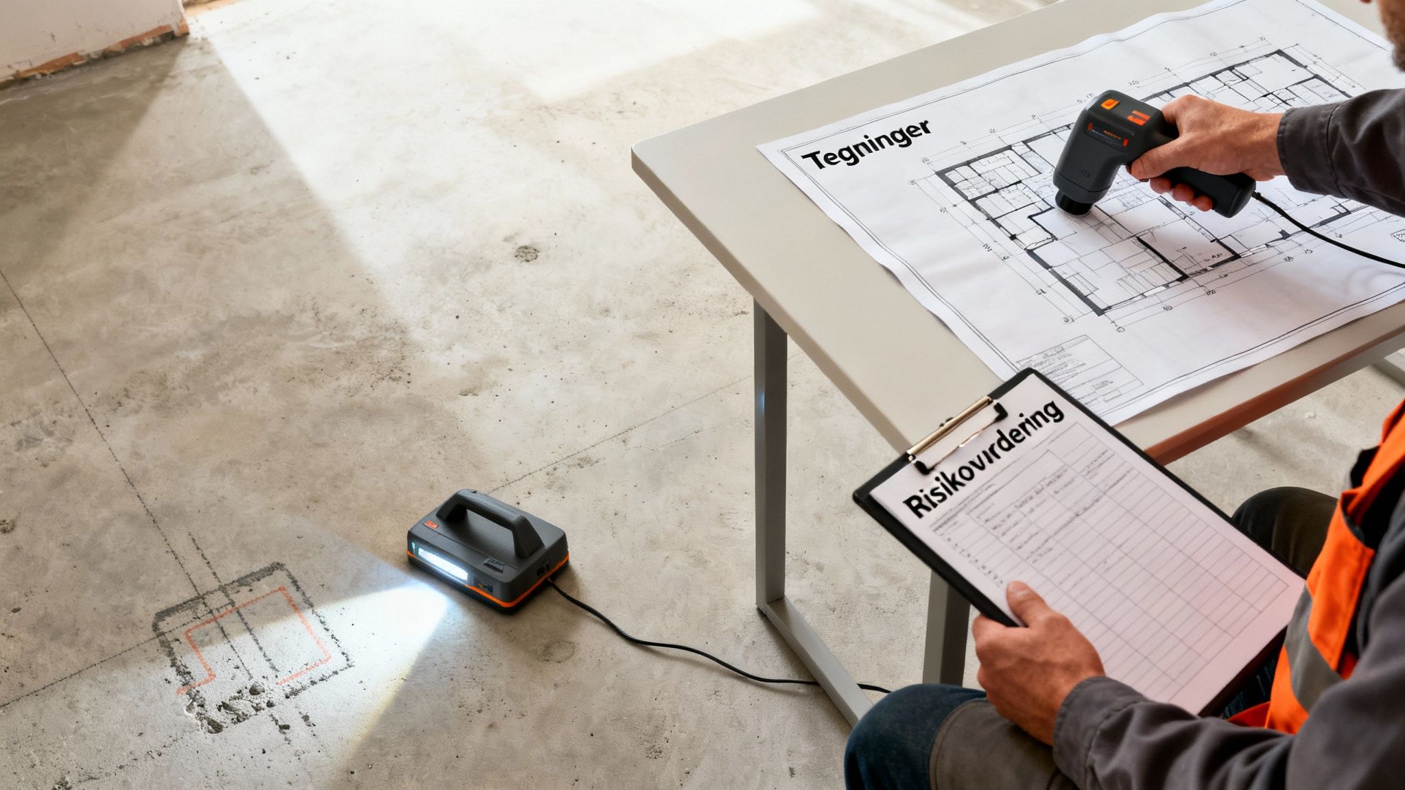 Bygningsarbejder planlægger diamantboring ved at gennemgå tegninger, risikovurdering og bruge scanning på gulvet.