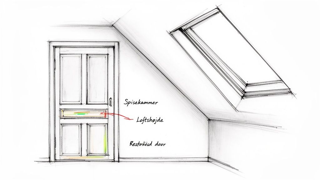 Skitse af et rum med dør og tagvindue, der viser spisekammer og loftshøjde ved en restaureret dør.
