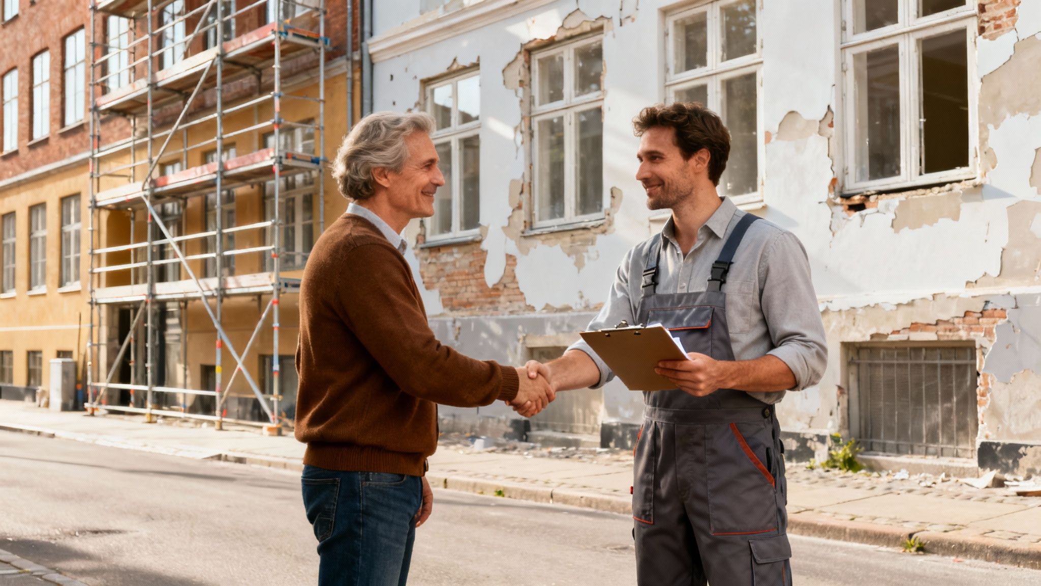 To mænd smiler og giver hånd foran bygninger, der er under facaderenovering i København.