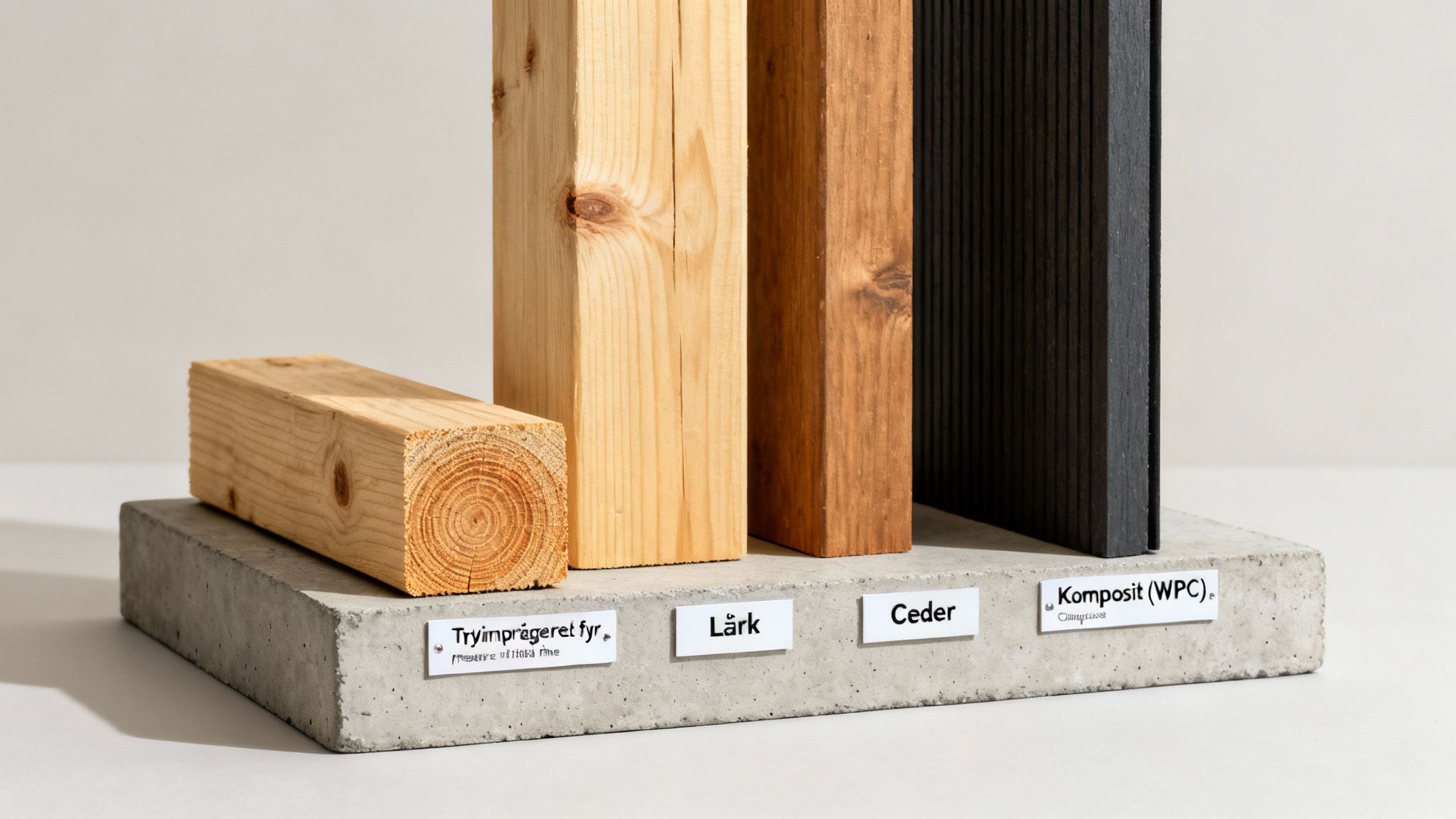 Forskellige typer træ (trykimprægneret fyr, lærk, ceder) og kompositmateriale på en betonbase.