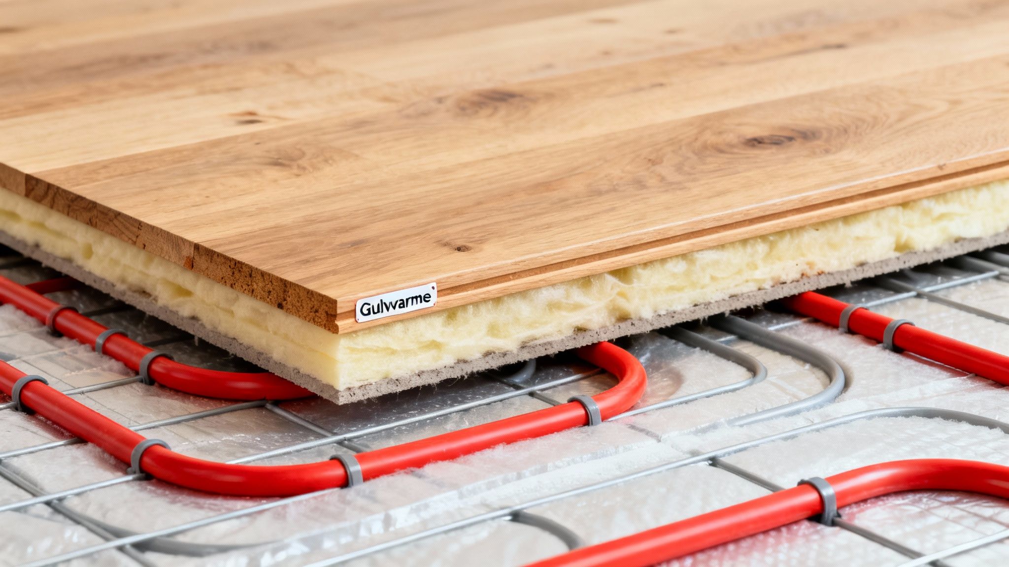 Nærbillede af trægulv med isolering og undergulvsvarmeinstallation med røde rør.
