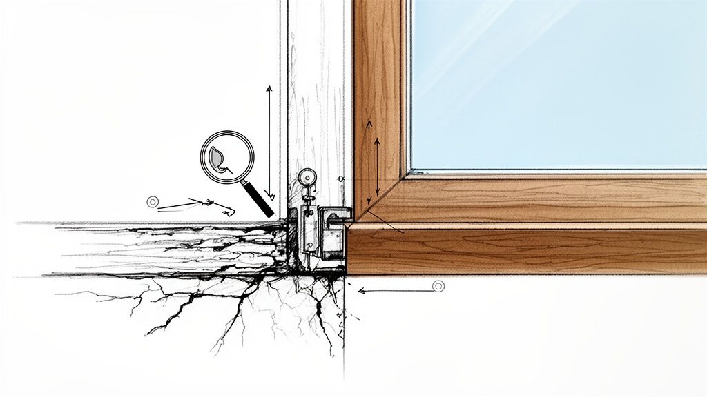 Nærbillede af et vindue, der viser revner i væggen under rammen, med en lup og pile, der indikerer bevægelse.
