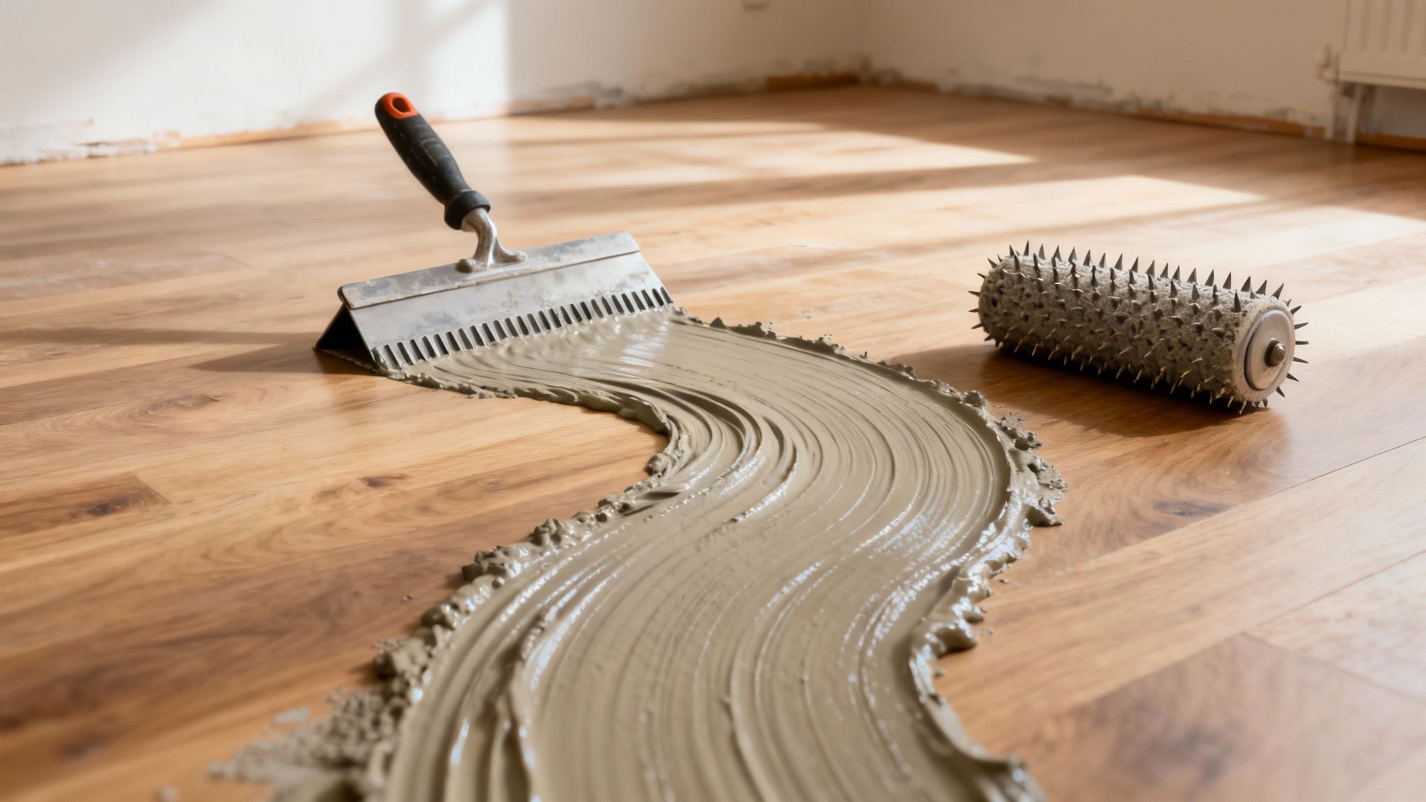 Trægulv med grå gulvspartelmasse påført med en tandspartel og en pigrulle klar til brug.