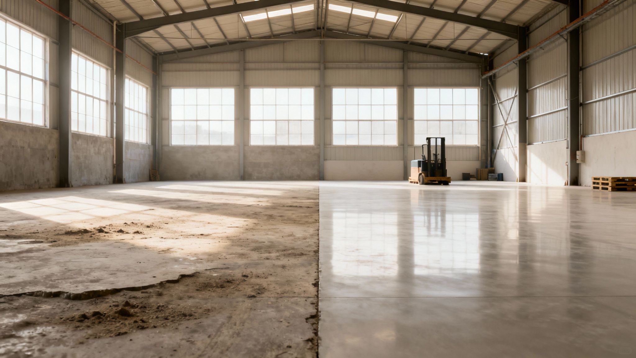 Et lagergulv delt i to, med en ru, ufærdig side og en glat, poleret betonside, der viser før og efter slibning.