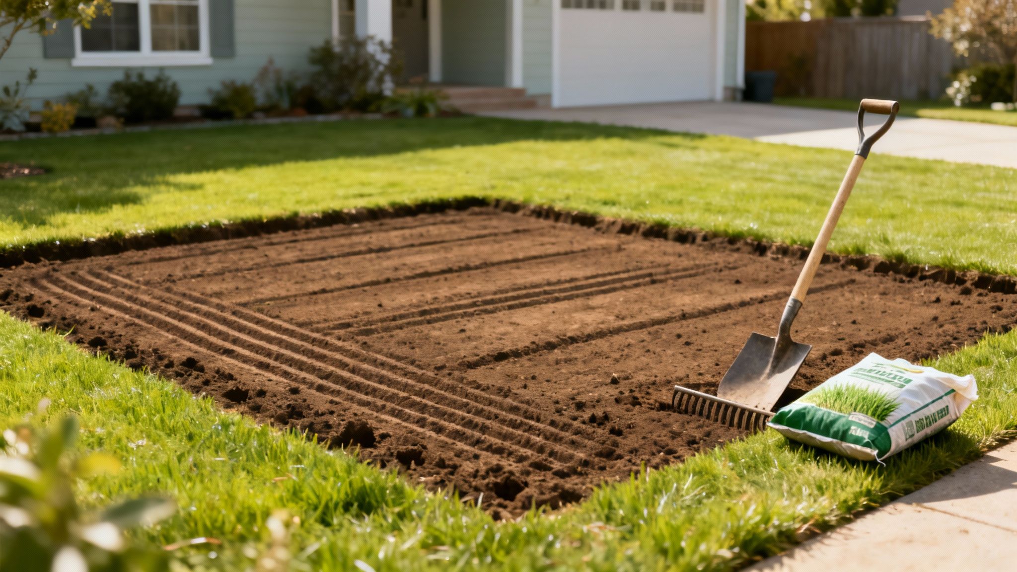 En del af en græsplæne er klargjort til såning af græsfrø, med rive og skovl.