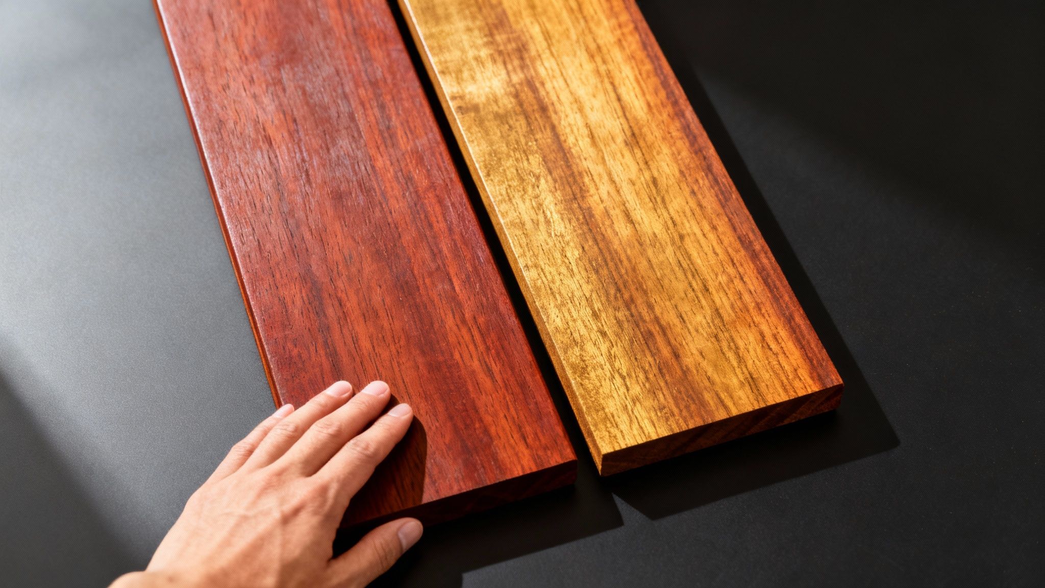 En luksuriøs og mørk træterrasse bygget i hårdttræ som ipé eller cumaru