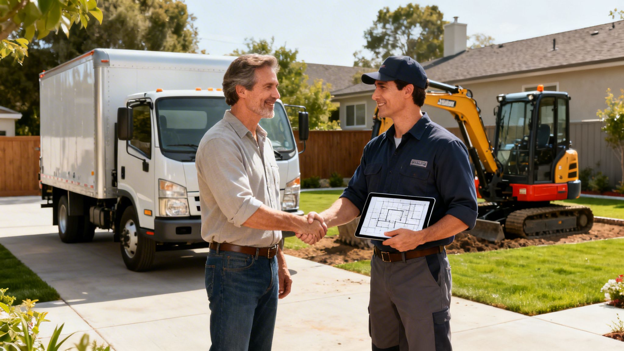 To mænd giver hånd i en indkørsel med en lastbil og gravemaskine i baggrunden, en holder en tablet.