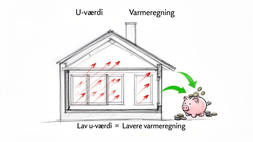Illustration af et hus, der viser, hvordan en lav U-værdi fører til en lavere varmeregning og pengebesparelser.