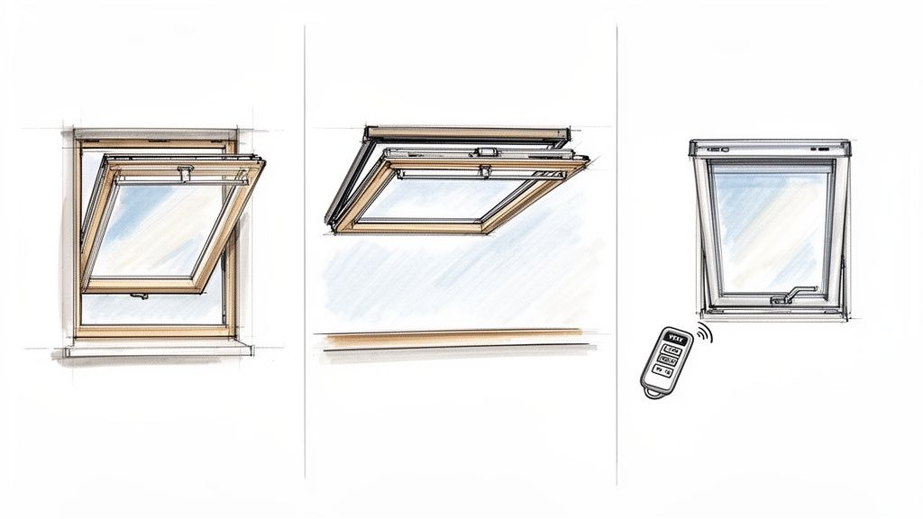Illustrationer af Velux tagvinduer med forskellige åbningsmekanismer, inklusiv fjernbetjent betjening.