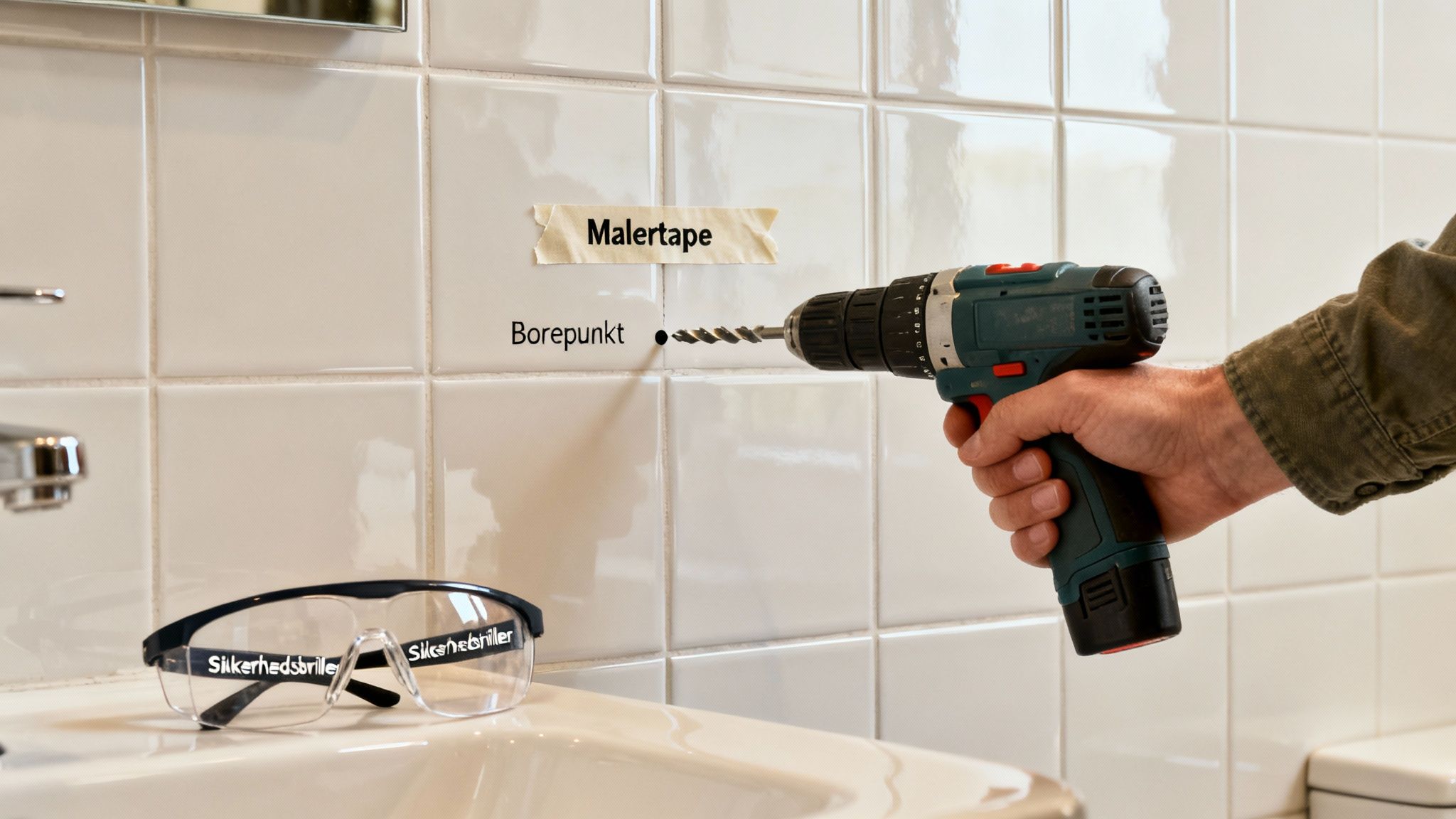 En hånd borer i hvide fliser ved et markeret borepunkt. Malertape og sikkerhedsbriller ligger klar.