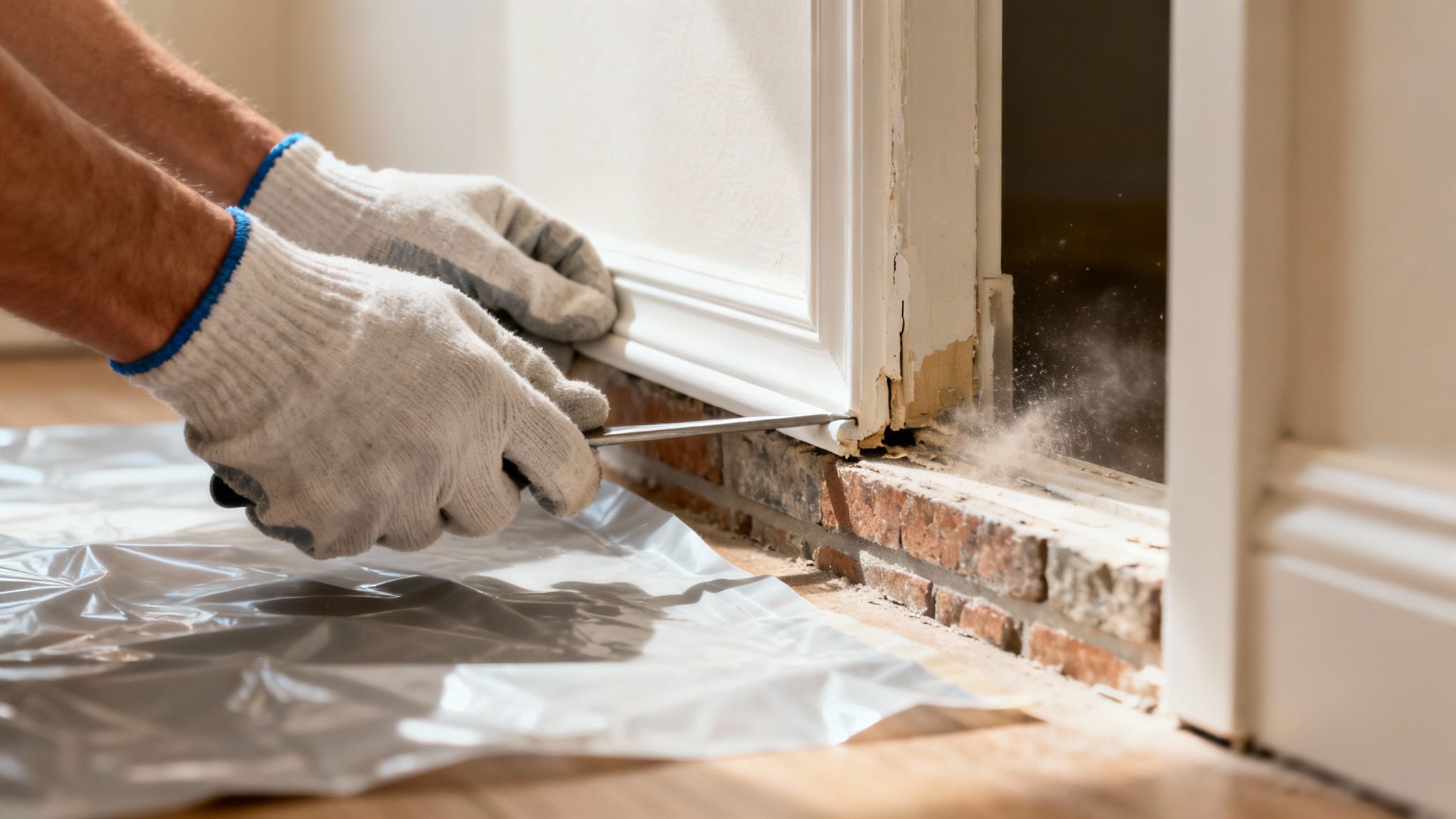 En person med handsker fjerner gammel vindueskarm med et koben, hvilket skaber støv.