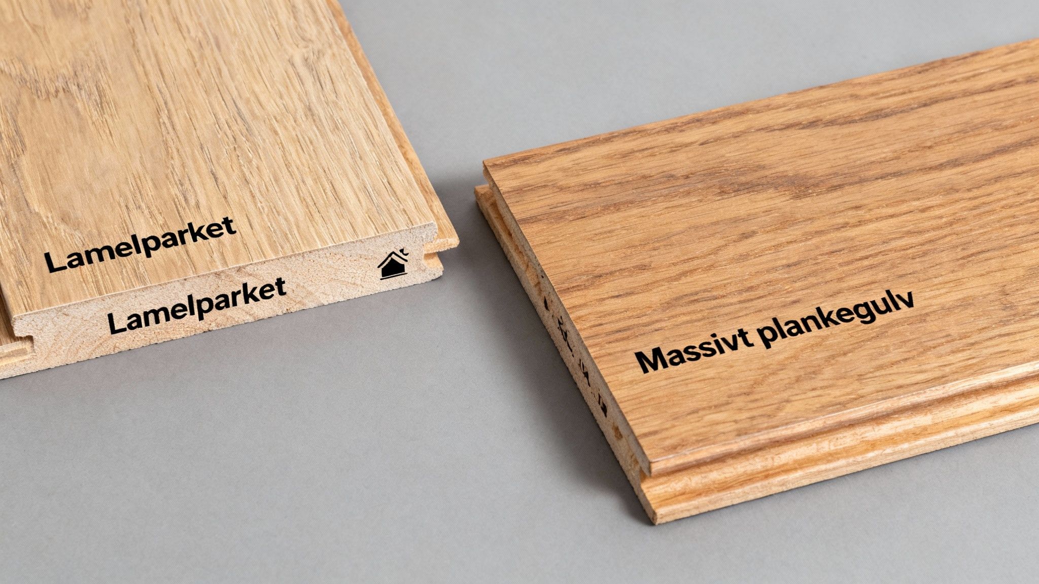 Nærbillede af lamelparket og massivt plankegulv, der viser forskelle i konstruktion og samling.