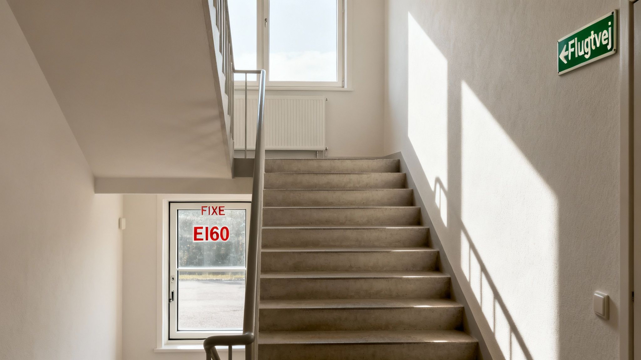 En trappeopgang i en bygning med et vindue, en radiator og et grønt flugtvejsskilt. Teksten 'FIXE E160' ses på vinduet.