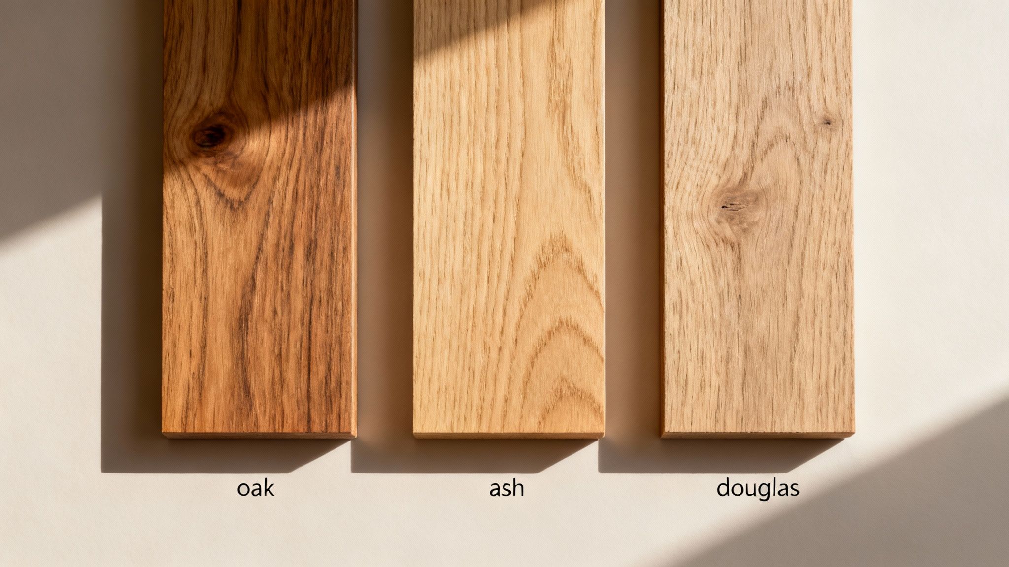 Tre træprøver af eg, ask og douglasgran viser forskellige træsorter til køkkengulv