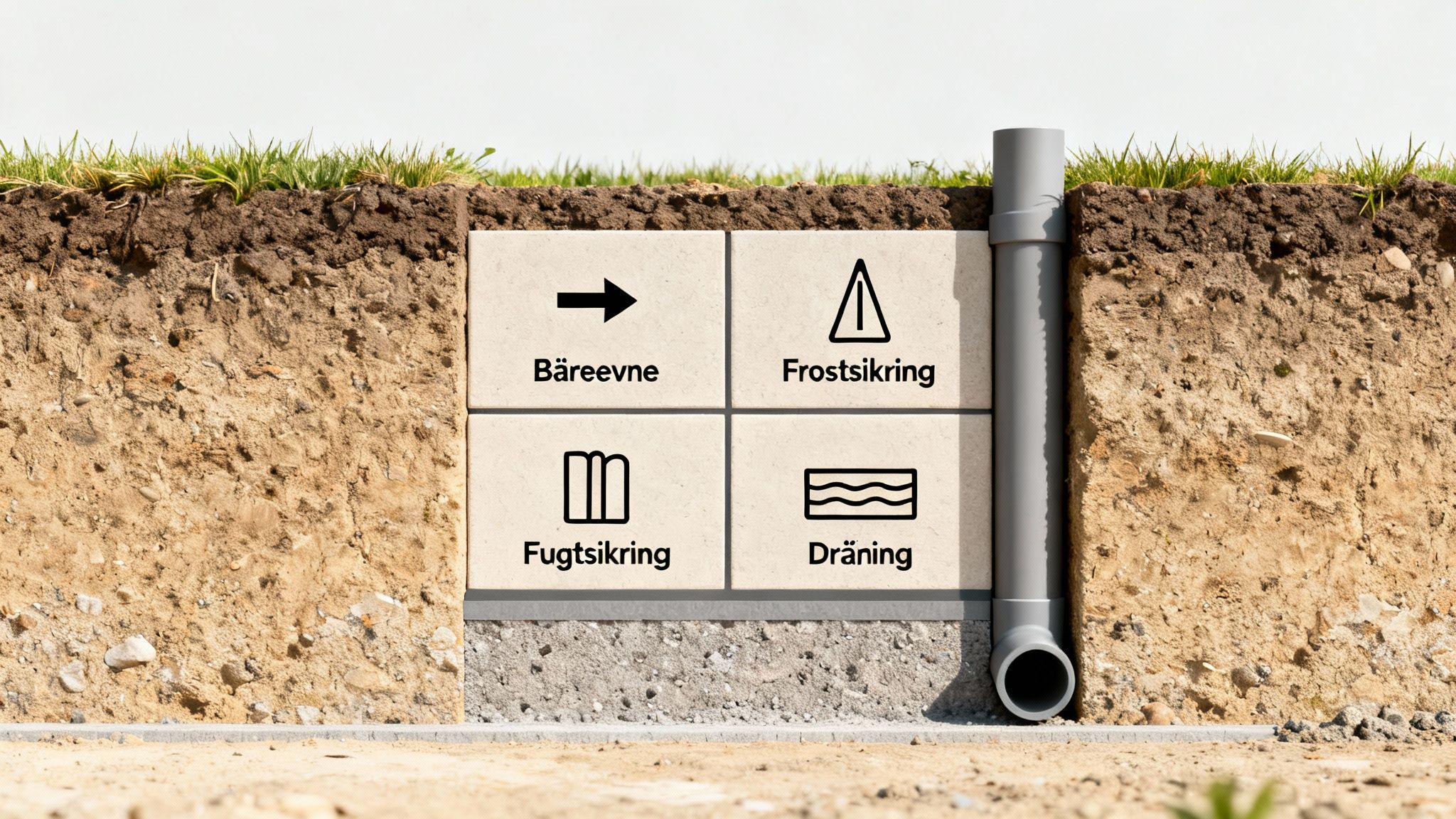 Et illustrativt tværsnit af en husfundament, der viser bæreevne, frost-, fugtsikring og dræning med et drænrør.