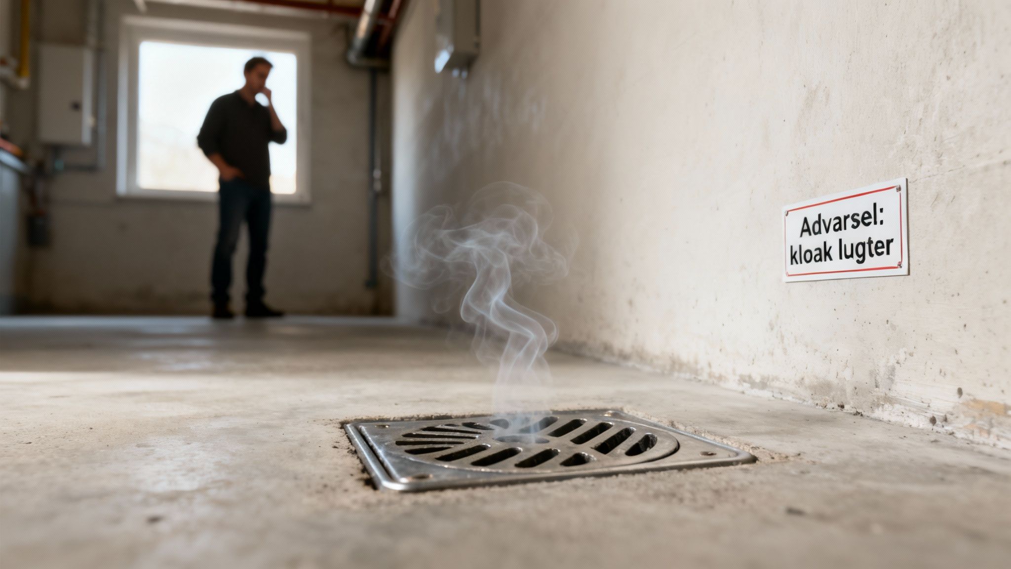 En mand står i et rum, hvor røg stiger op fra et kloakgitter, og et advarselsskilt er på væggen.