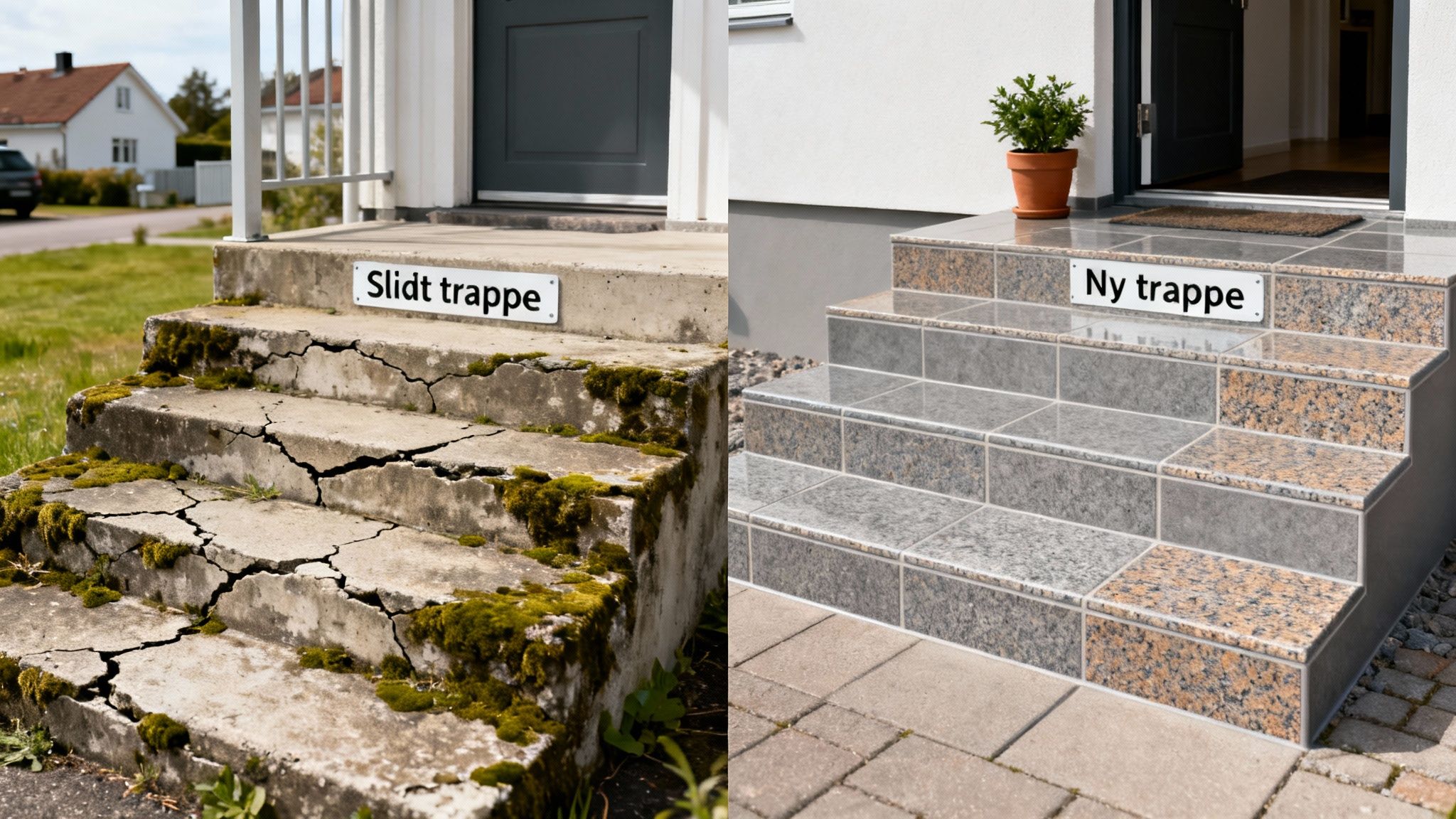 Billede der sammenligner en slidt og en nyrenoveret trappe med fliser til udendørs brug.