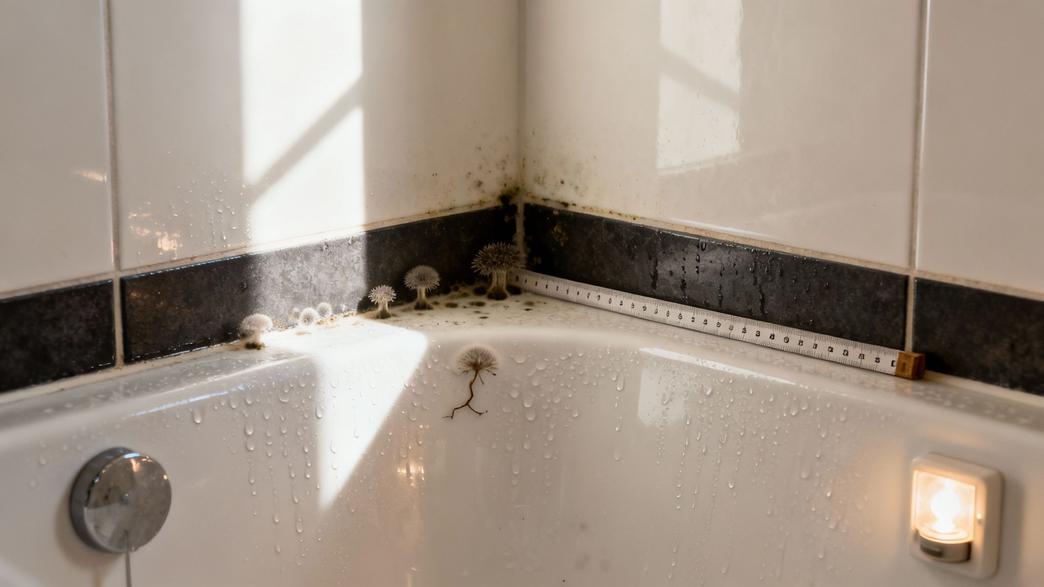 Et mørkt og fugtigt badeværelse, der illustrerer potentialet for skimmelsvamp.