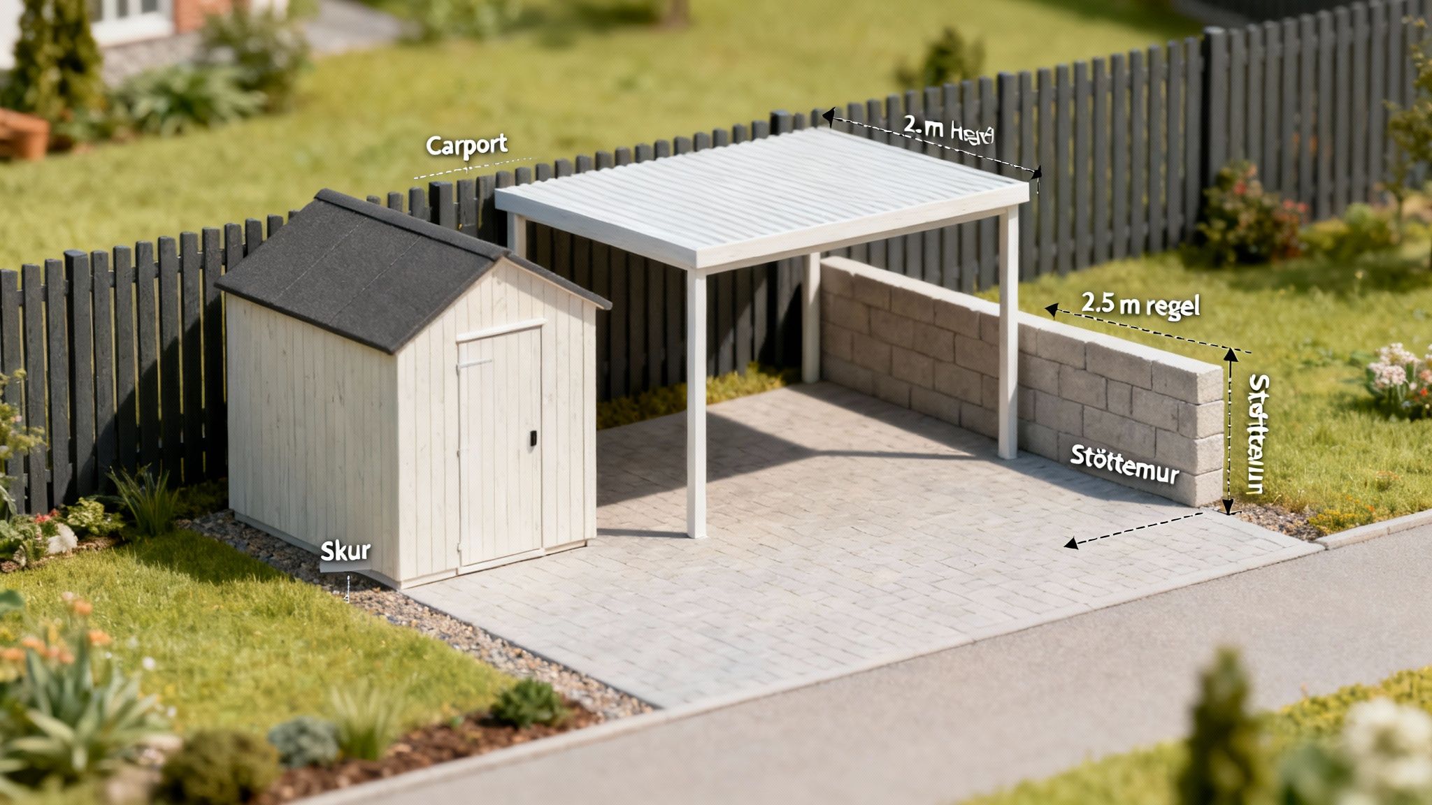 Model af en ejendom med carport, skur og støttemur ved en indkørsel, omgivet af græs og hegn.