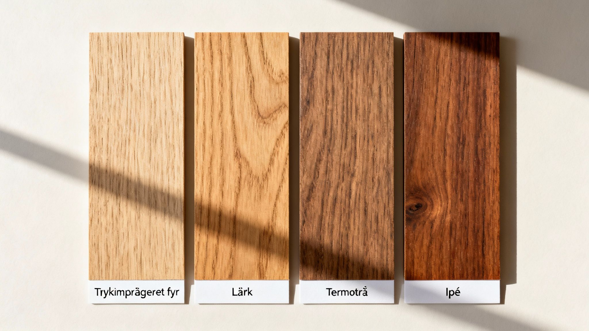 Fire træprøver af forskellige træsorter til terrasser, med navne som Trykimprægneret fyr, Lærk, Termotræ og Ipé.