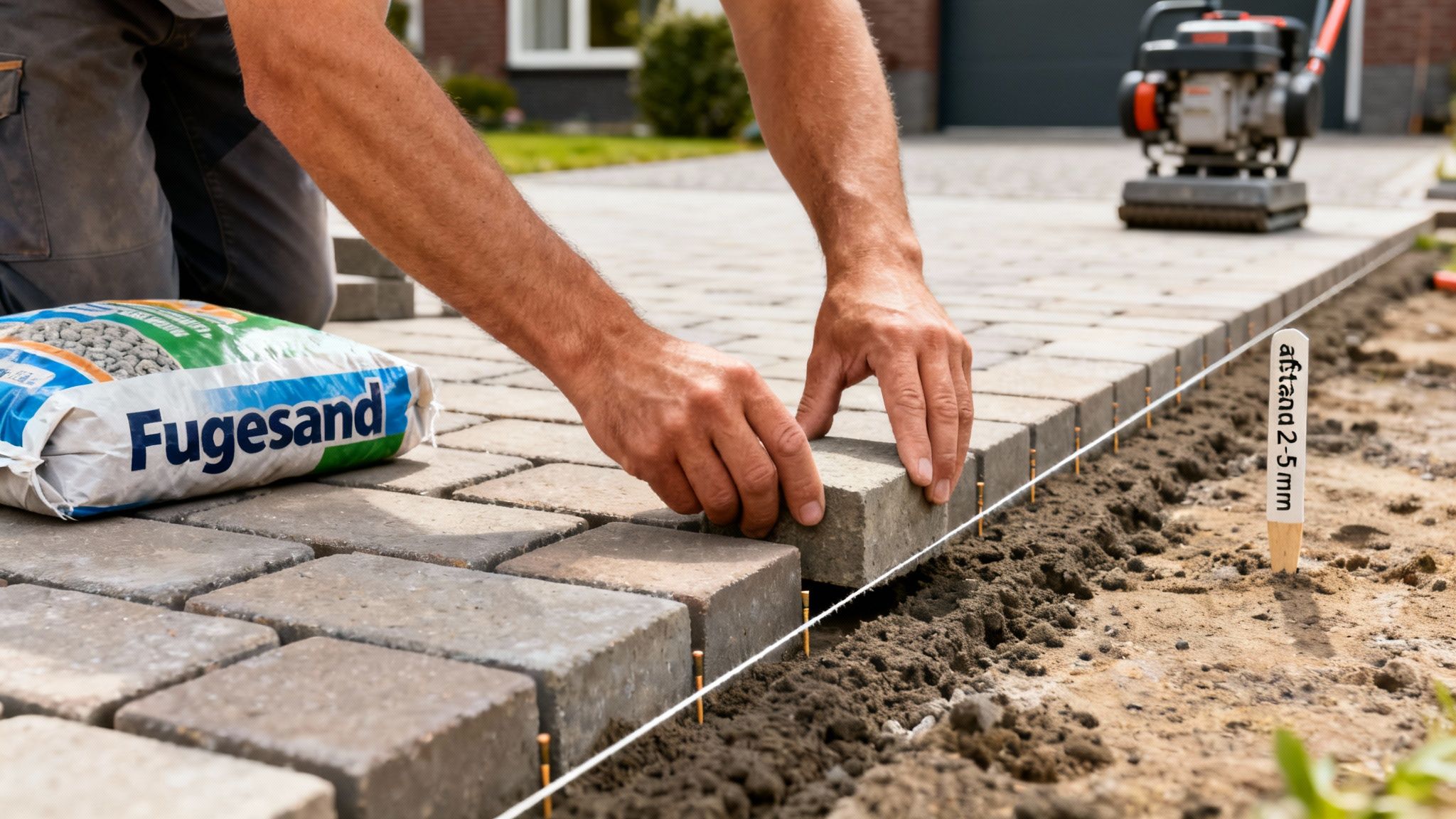 En arbejder lægger grå fliser på en indkørsel. Der er fugesand og en snor til at styre rækken.